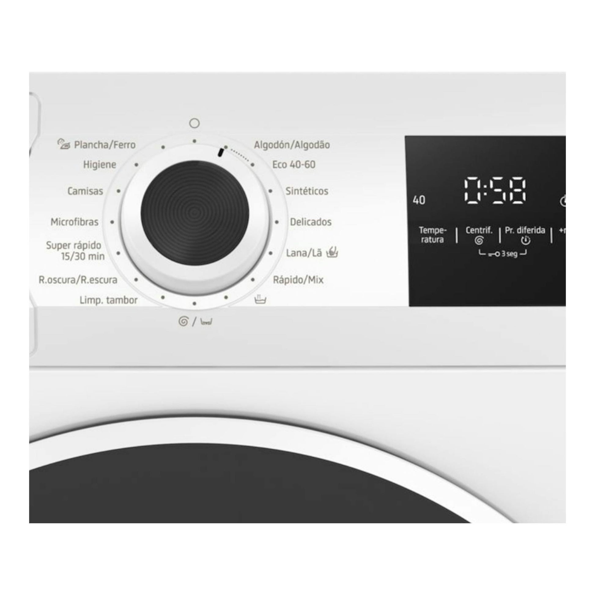 Lavadora Balay 3TS382B blanca, vista frontal parcial del panel con selector y display digital.