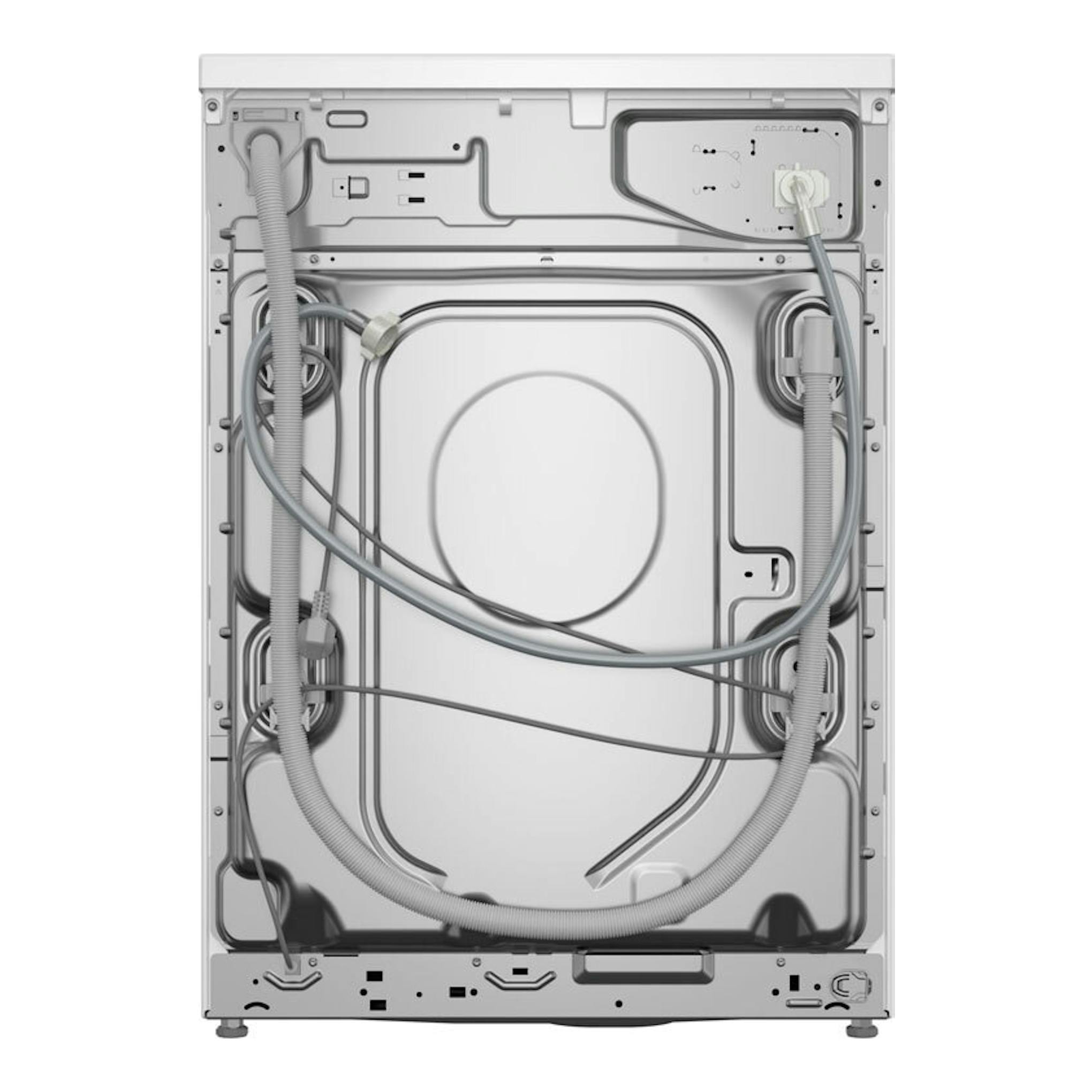 Lavadora Balay 3TS382B blanca, vista trasera con mangueras y cables visibles.