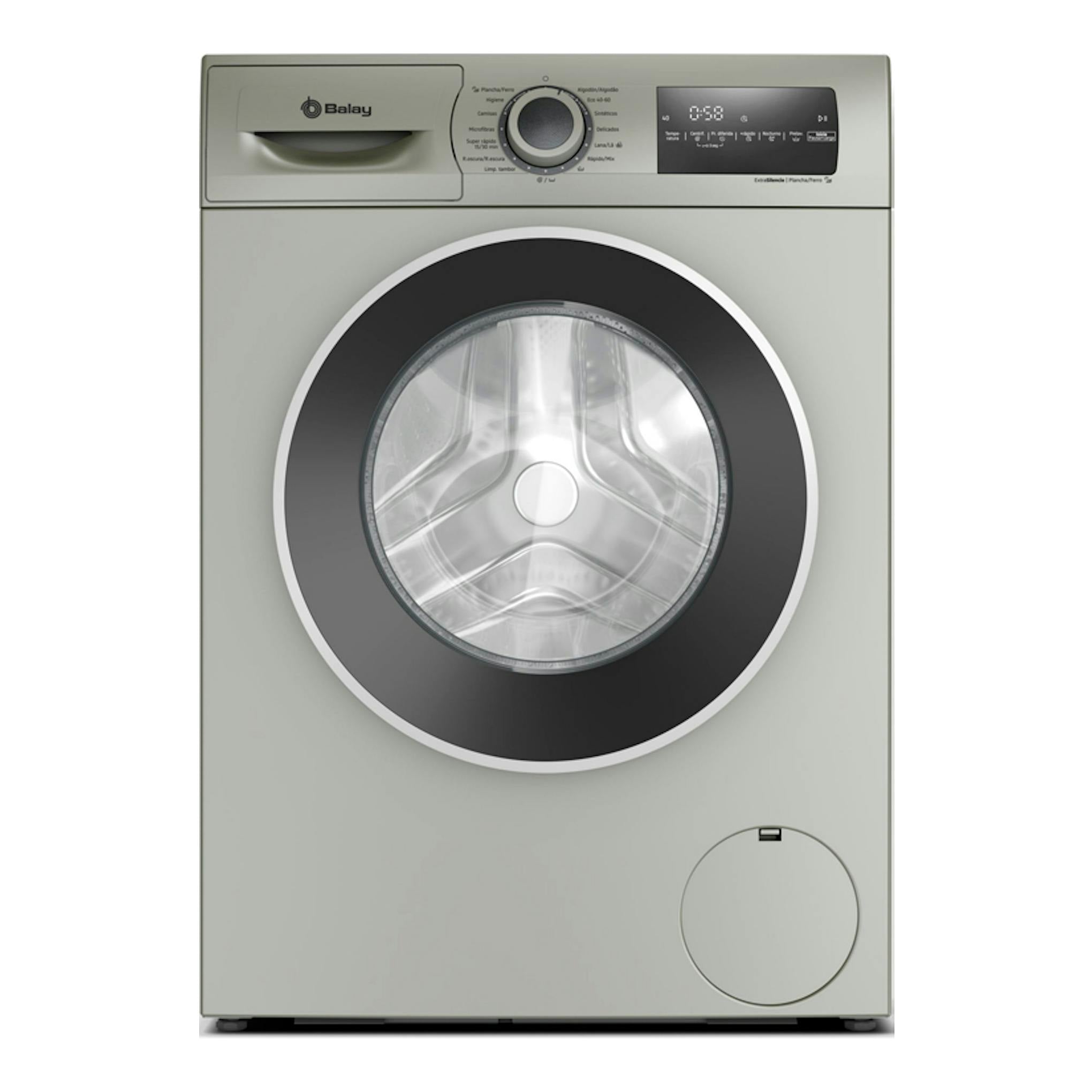 Lavadora Balay 3TS382X gris, vista frontal, con puerta circular negra y panel digital superior.