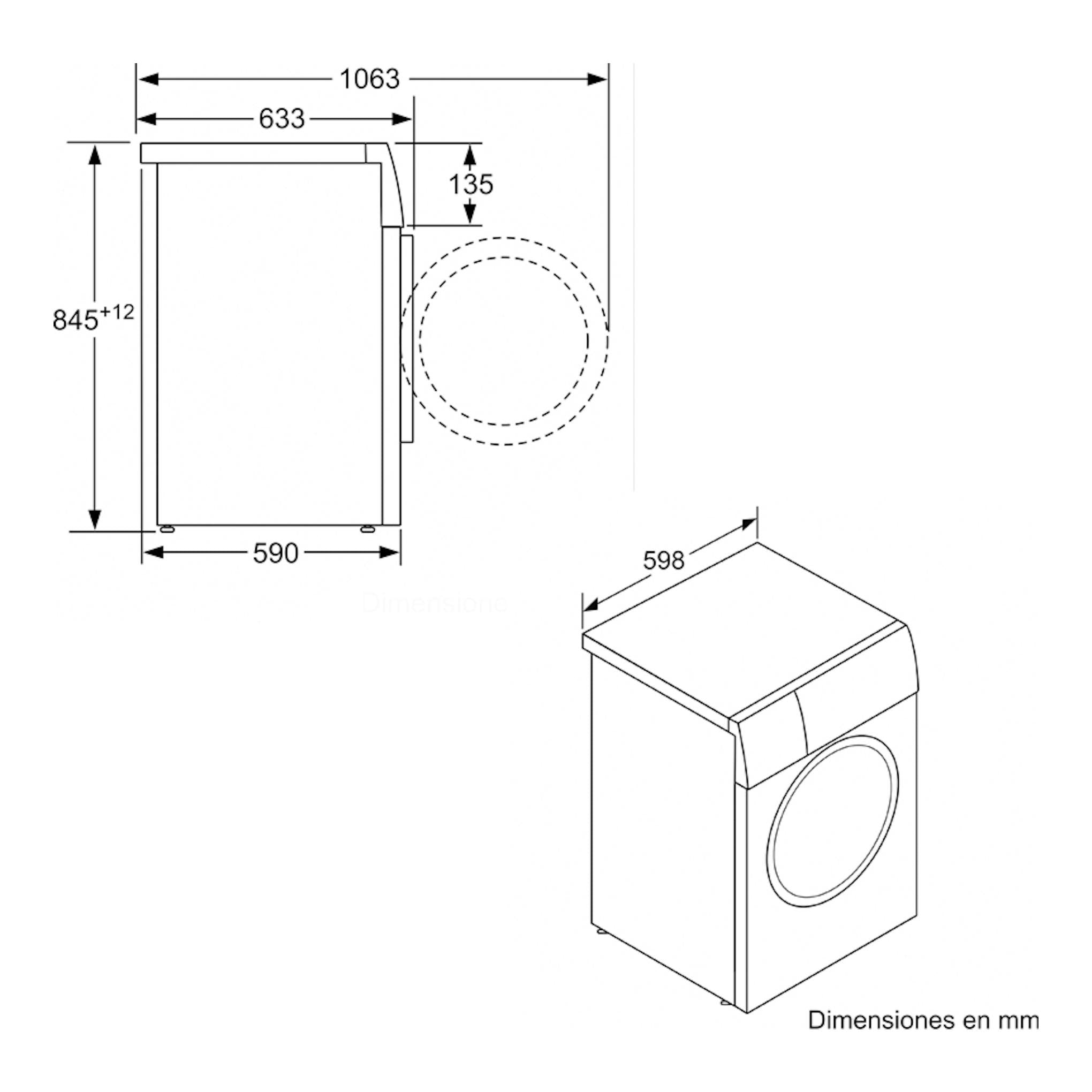 Dibujo técnico en blanco y negro de lavadora Balay 3TS382X, vista lateral e isométrica, con dimensiones en mm.