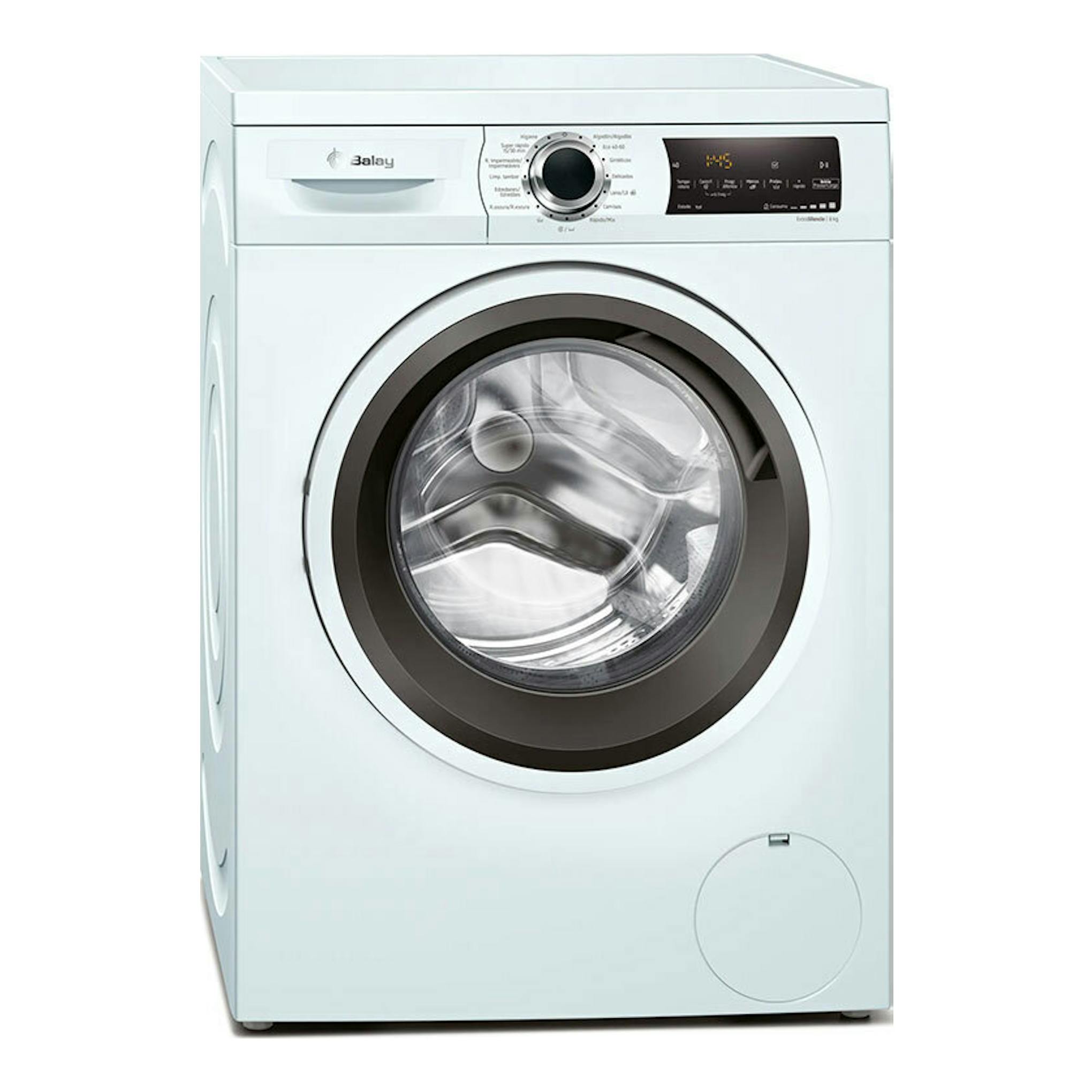 Lavadora Balay 3TS384BT blanca de 8 kg, vista frontal, con puerta redonda y panel superior.