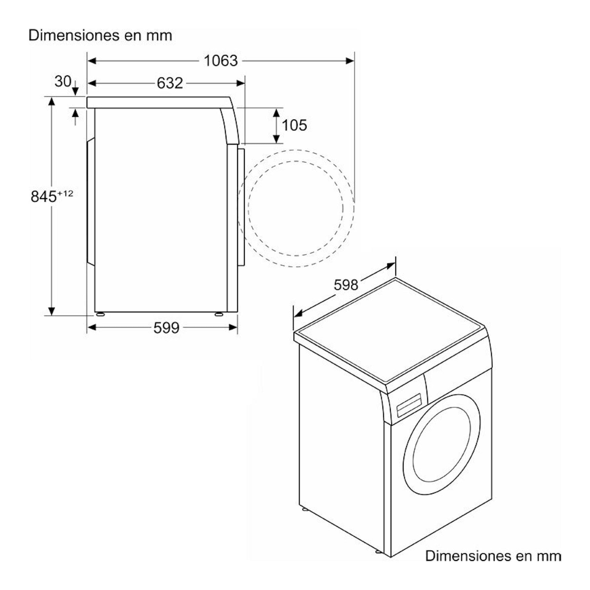 Lavadora Balay 3TS384BT 8 kg, dibujo técnico en blanco y negro con vistas frontal y lateral y medidas.