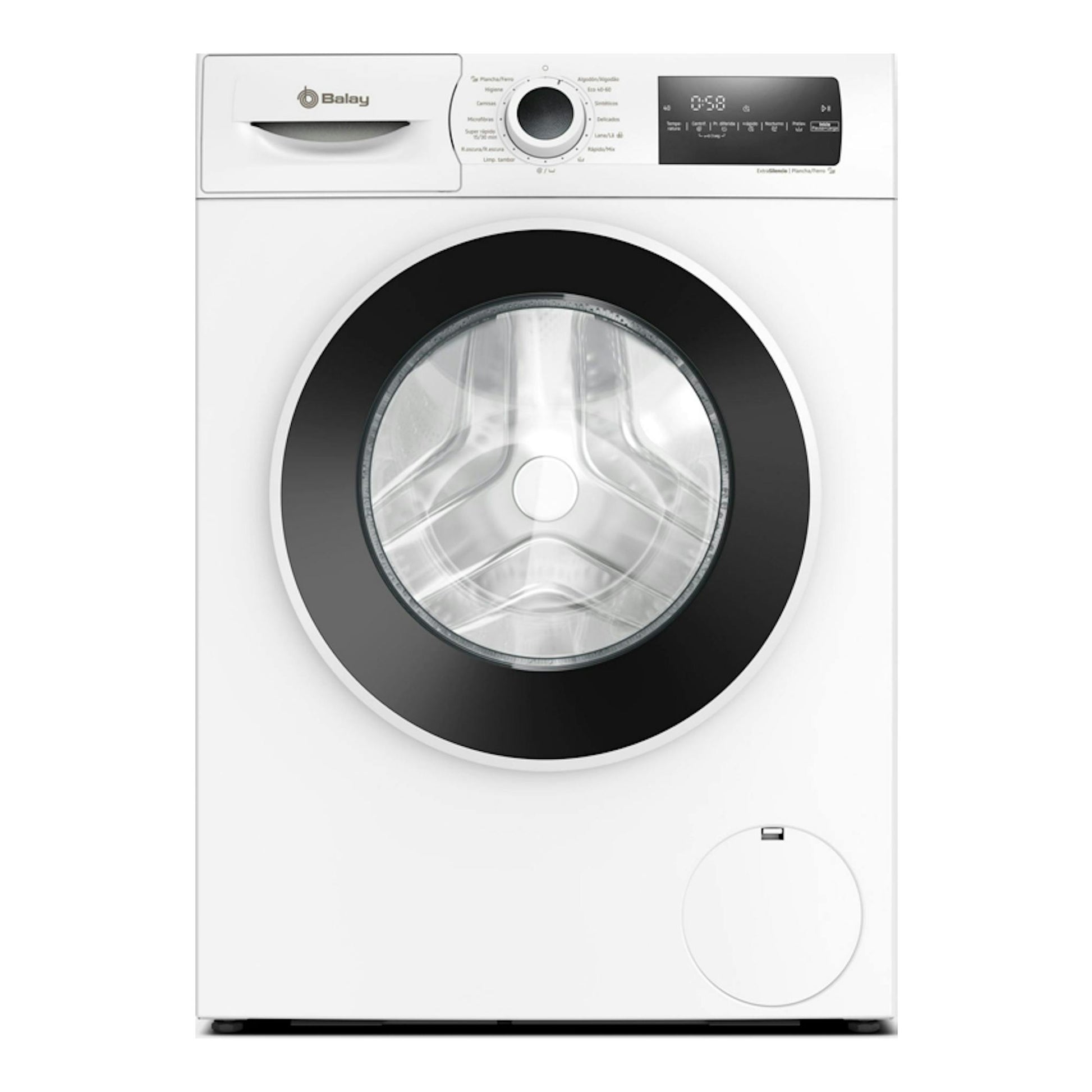 Lavadora Balay 3TS385B blanca, vista frontal, con puerta circular y panel digital superior.