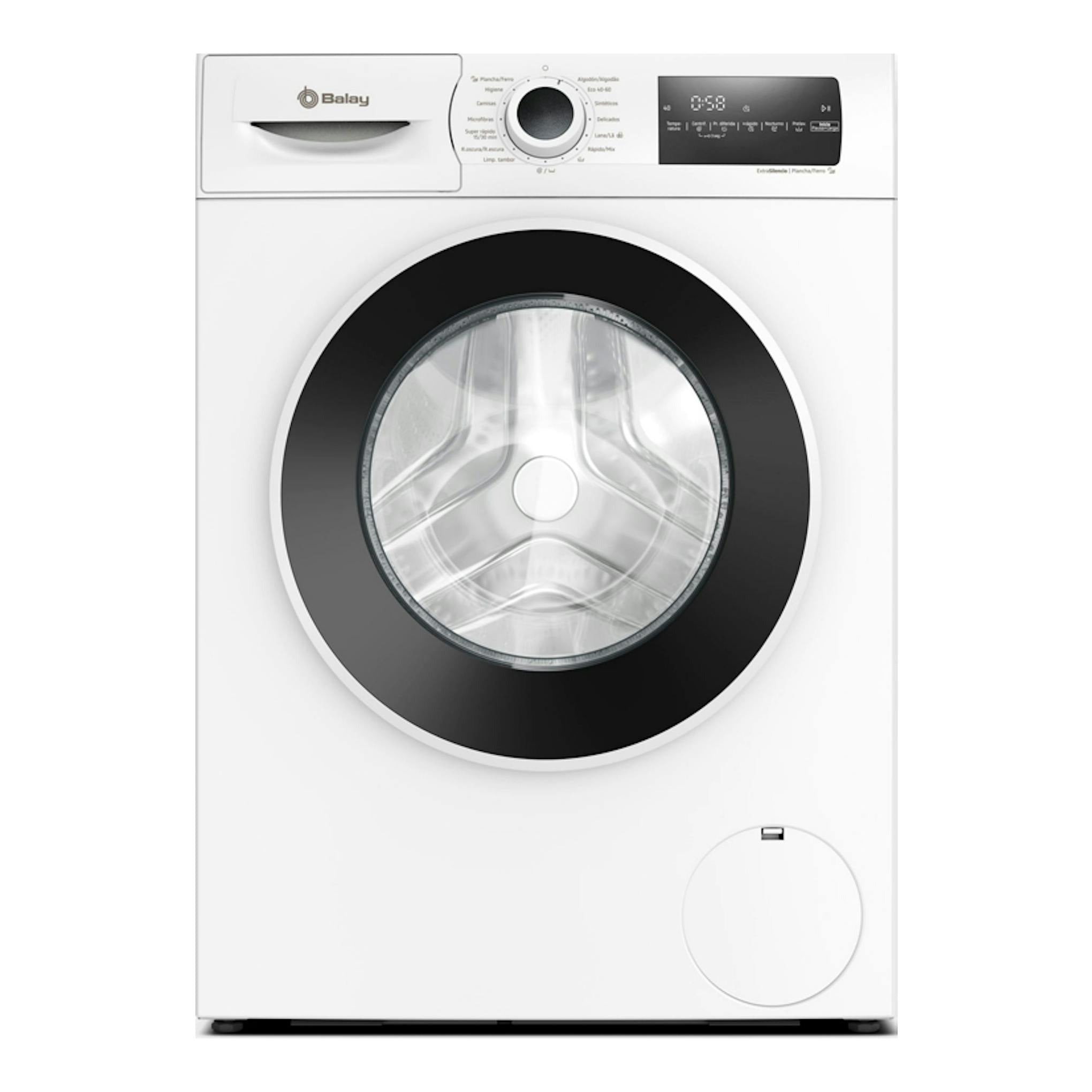 Lavadora Balay 3TS385B blanca, vista frontal, con puerta circular y panel digital superior.