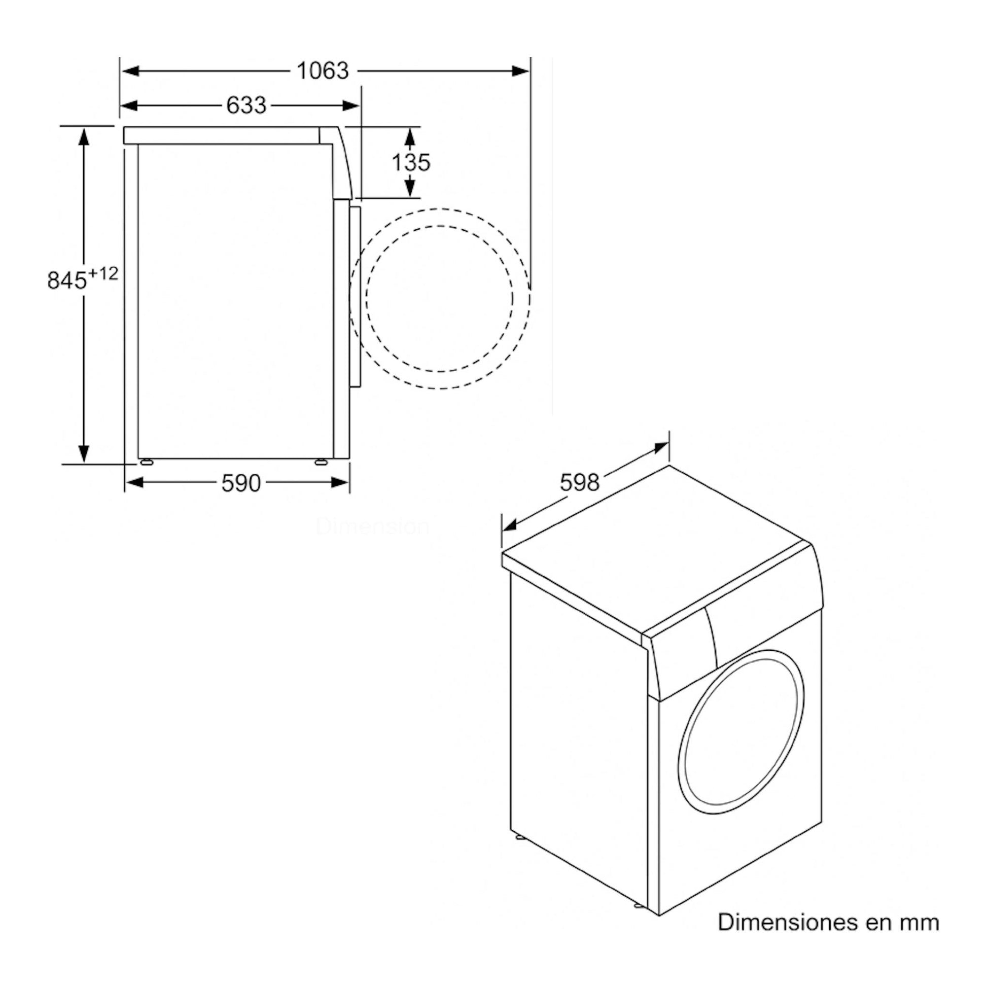 Lavadora Balay 3TS385B, dibujo técnico en blanco y negro con vistas frontal y lateral y medidas en mm.