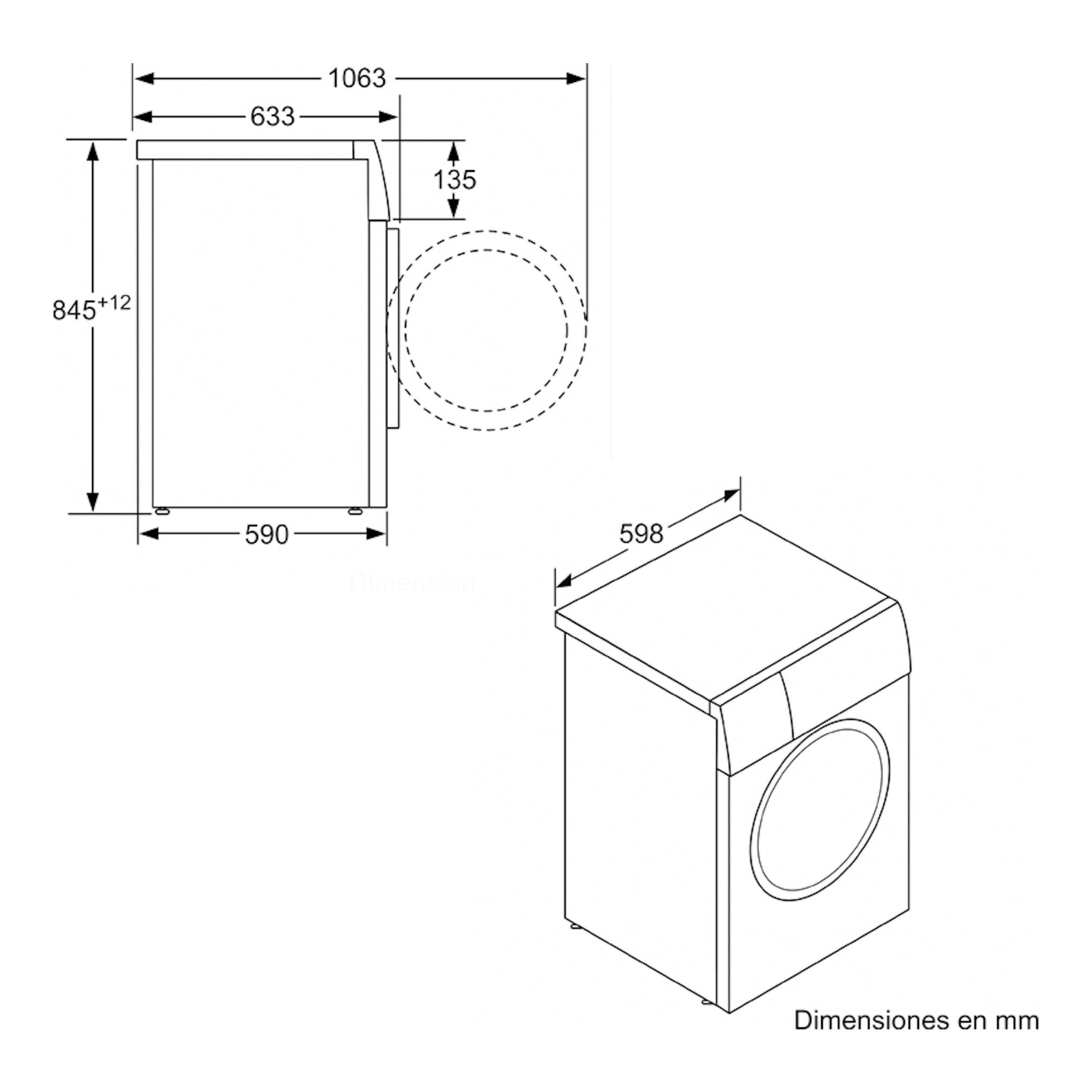 Lavadora Balay 3TS385B, dibujo técnico en blanco y negro con vistas frontal y lateral y medidas en mm.