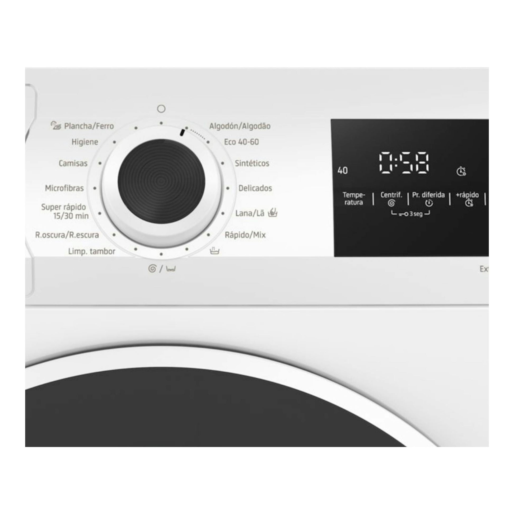 Lavadora Balay 3TS385B blanca, vista frontal del panel de control con selector y pantalla digital.