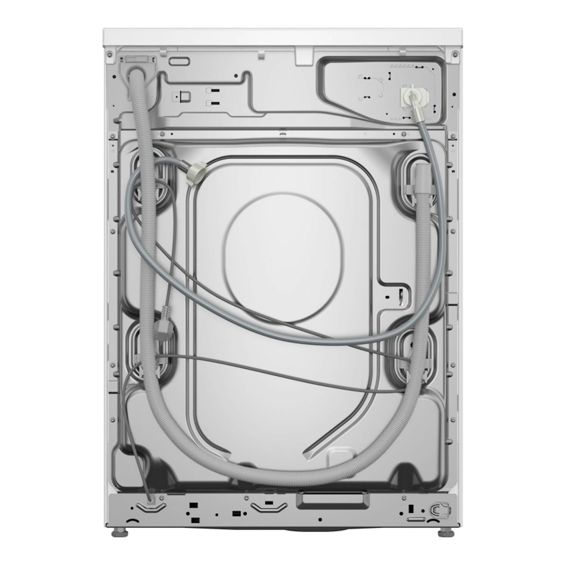 Lavadora Balay 3TS385B 8 kg, vista trasera, color blanco, con mangueras y panel metálico.