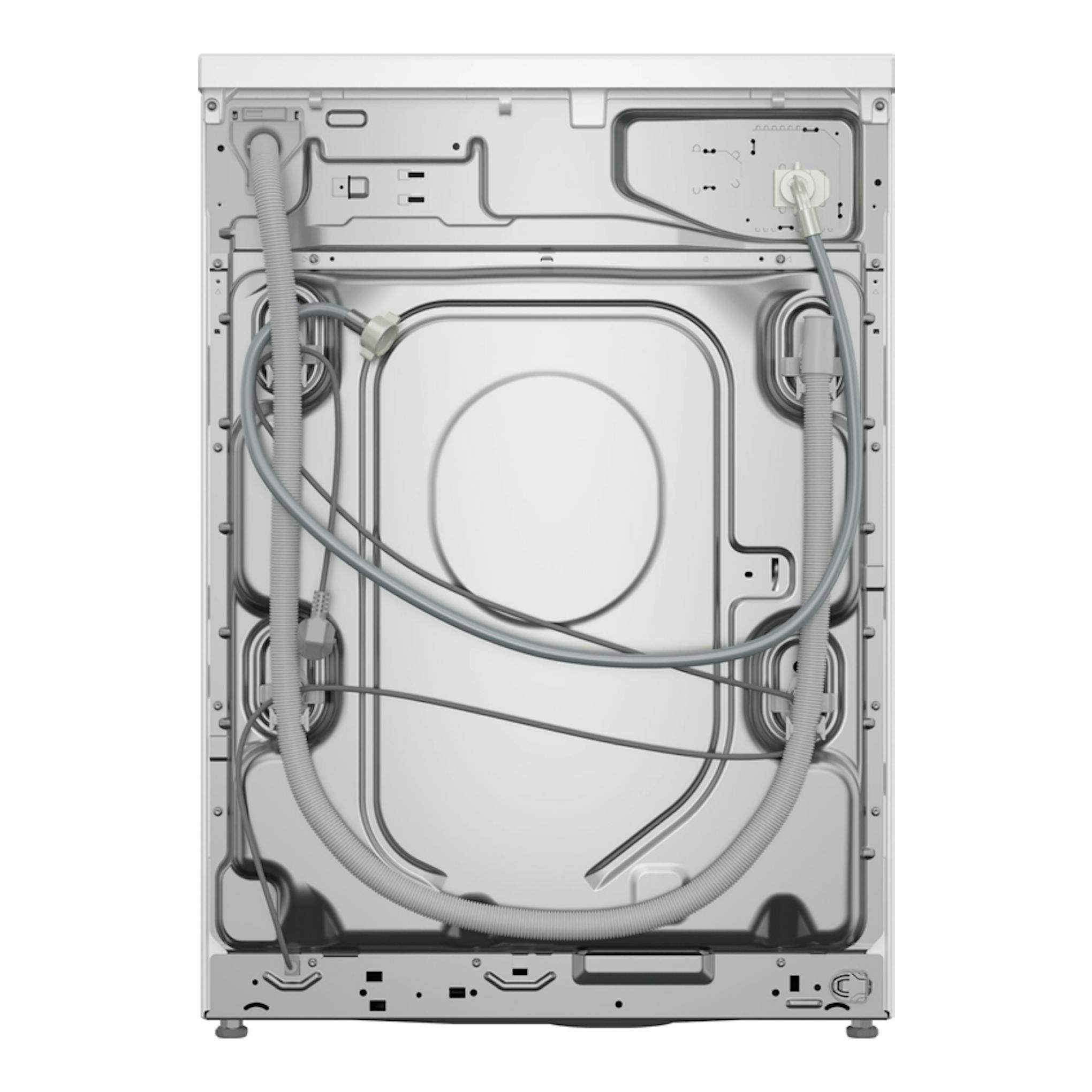 Lavadora Balay 3TS385B 8 kg, vista trasera, color blanco, con mangueras y panel metálico.