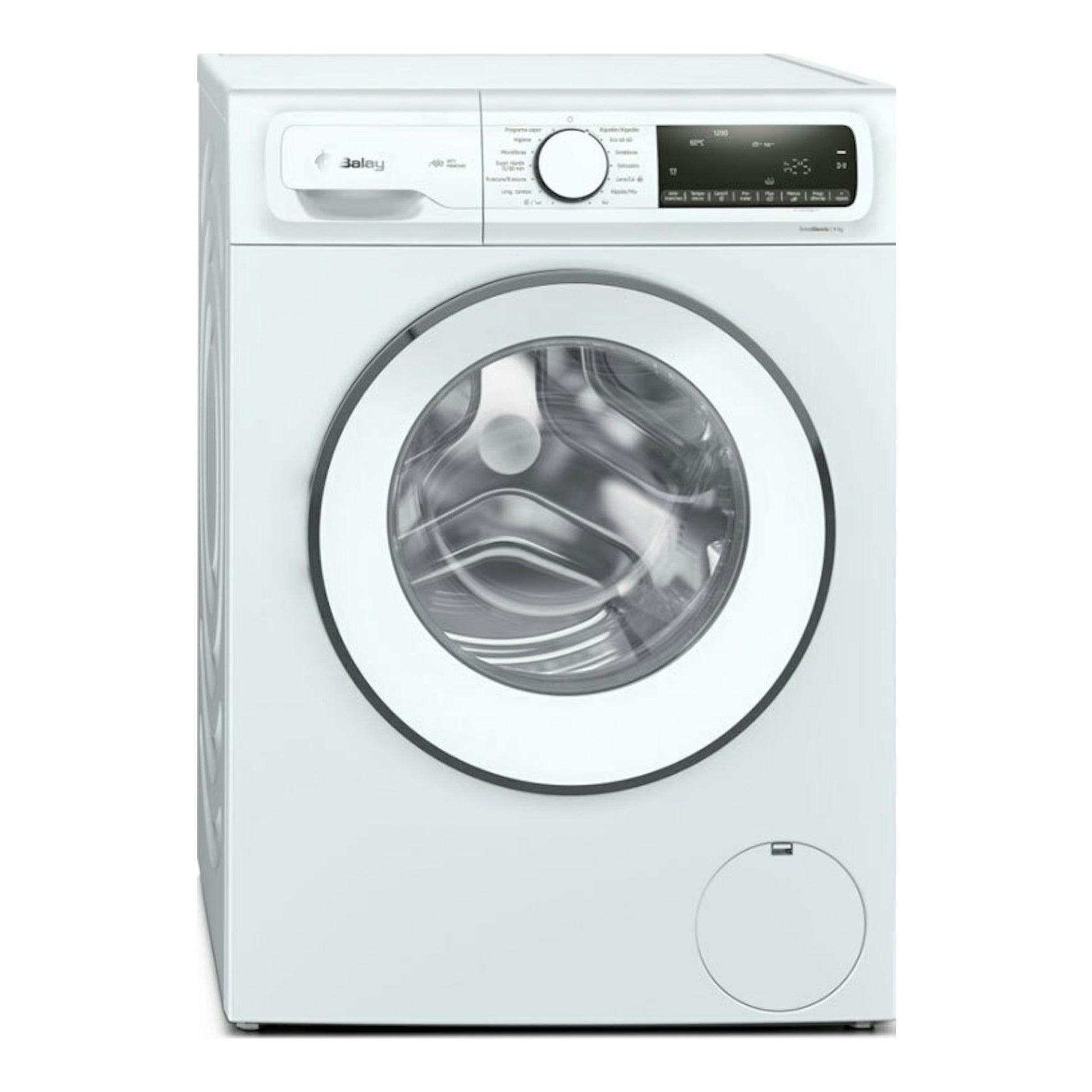 Lavadora Balay 3TS390B blanca, vista frontal, con puerta circular, selector central y panel digital superior.