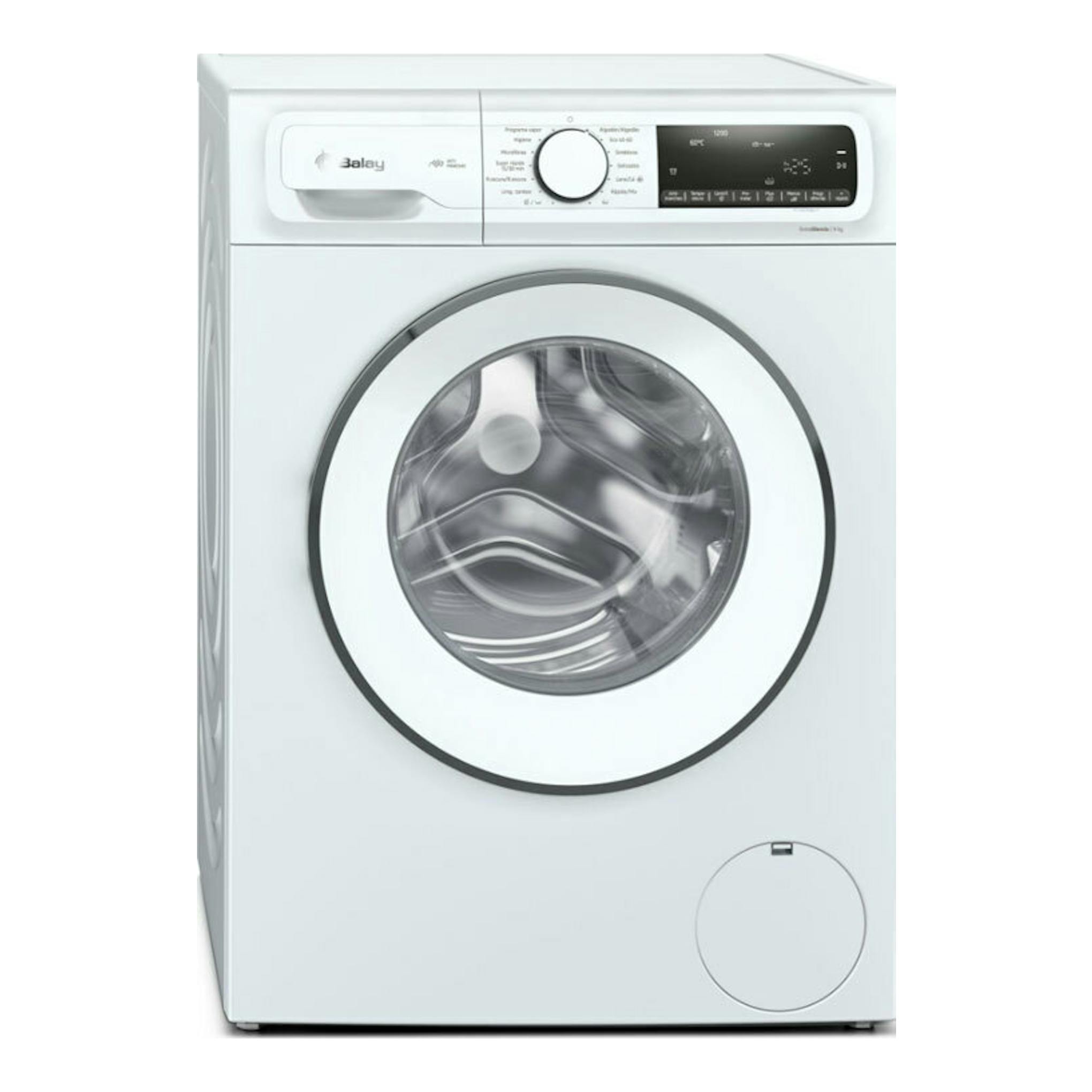 Lavadora Balay 3TS390B blanca, vista frontal, con puerta circular, selector central y panel digital superior.