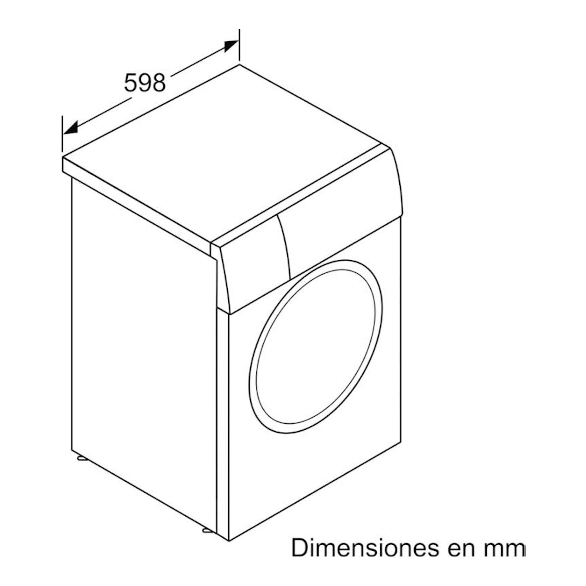 Dibujo técnico de lavadora Balay 3TS390B blanca, vista en perspectiva frontal izquierda, con medida 598 mm.