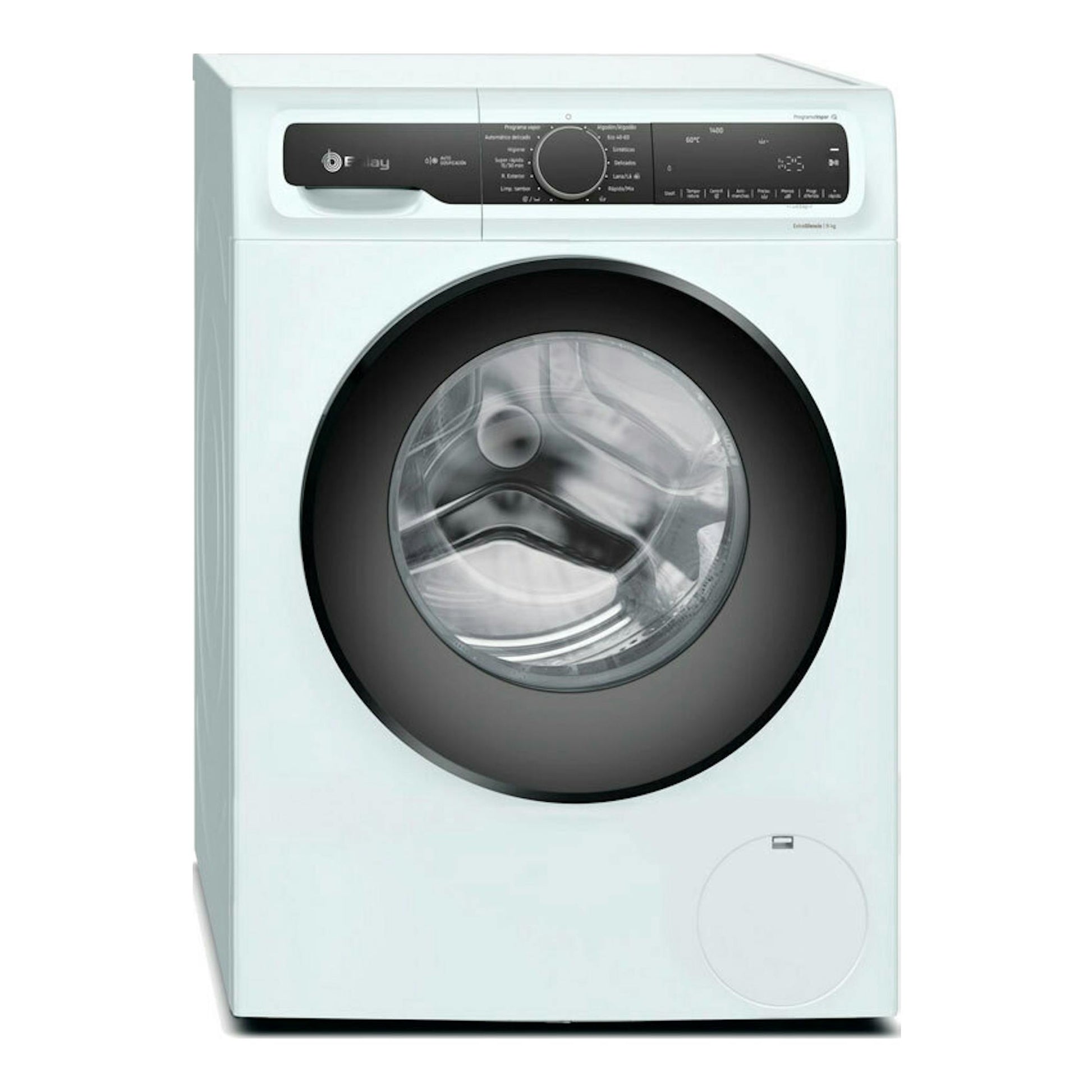 Lavadora Balay 3TS395BDS blanca, vista frontal, con puerta circular negra y panel superior.