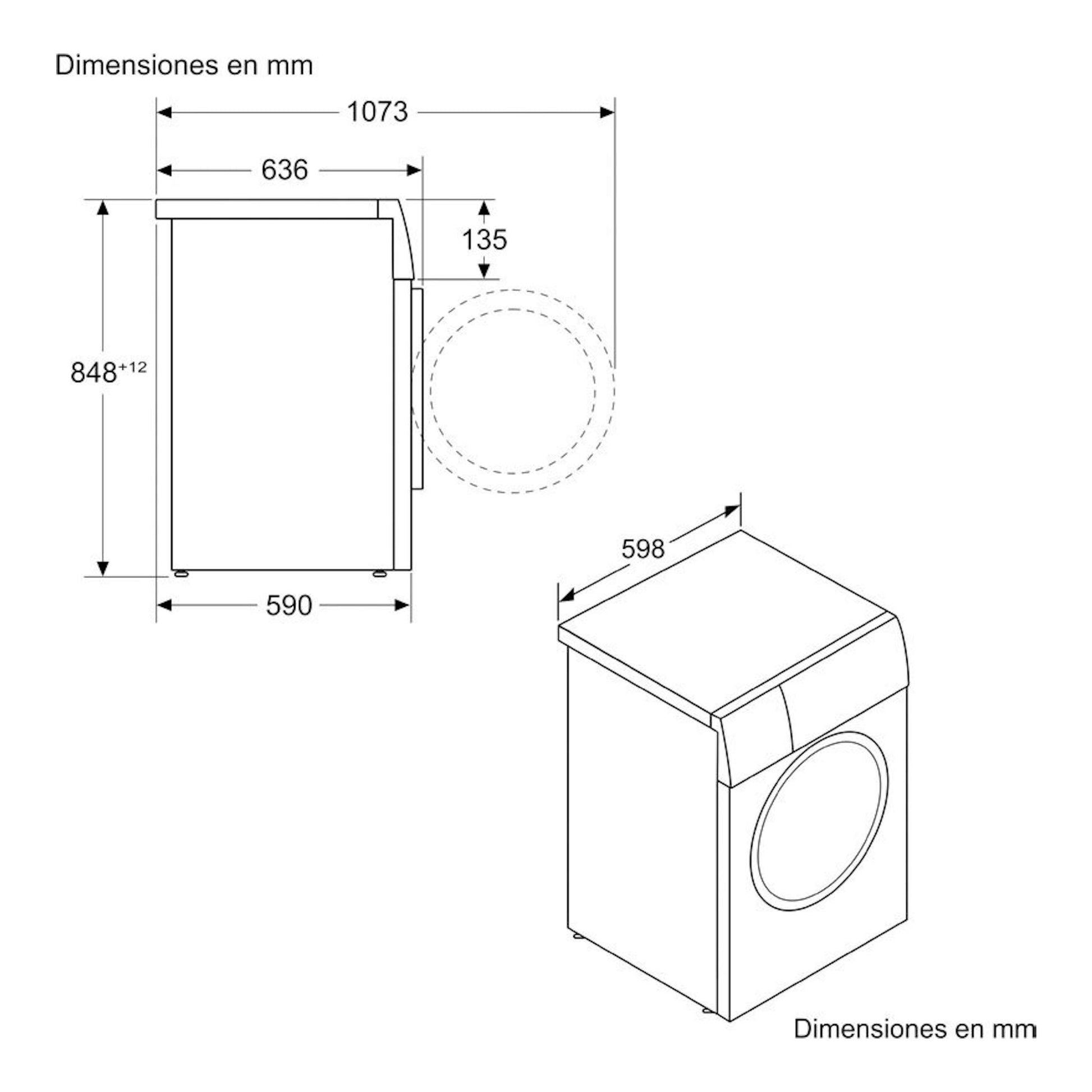 Balay 3TS395BS, lavadora frontal blanca, esquema técnico con vistas frontal y 3/4 y dimensiones en mm.