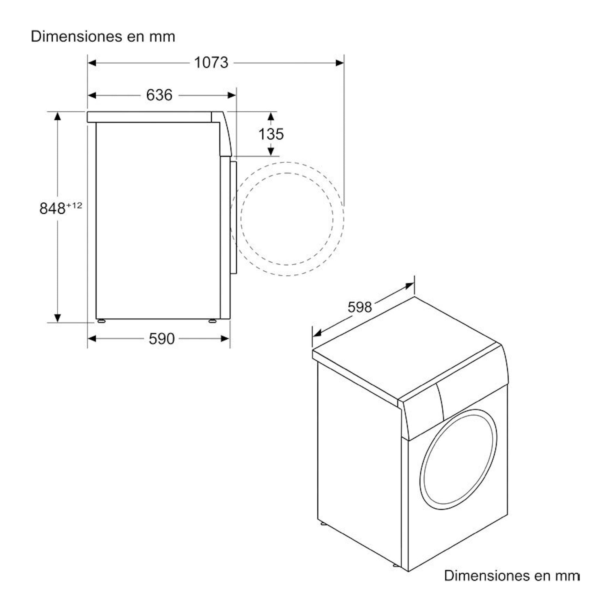 Balay 3TS395BS, lavadora frontal blanca, esquema técnico con vistas frontal y 3/4 y dimensiones en mm.
