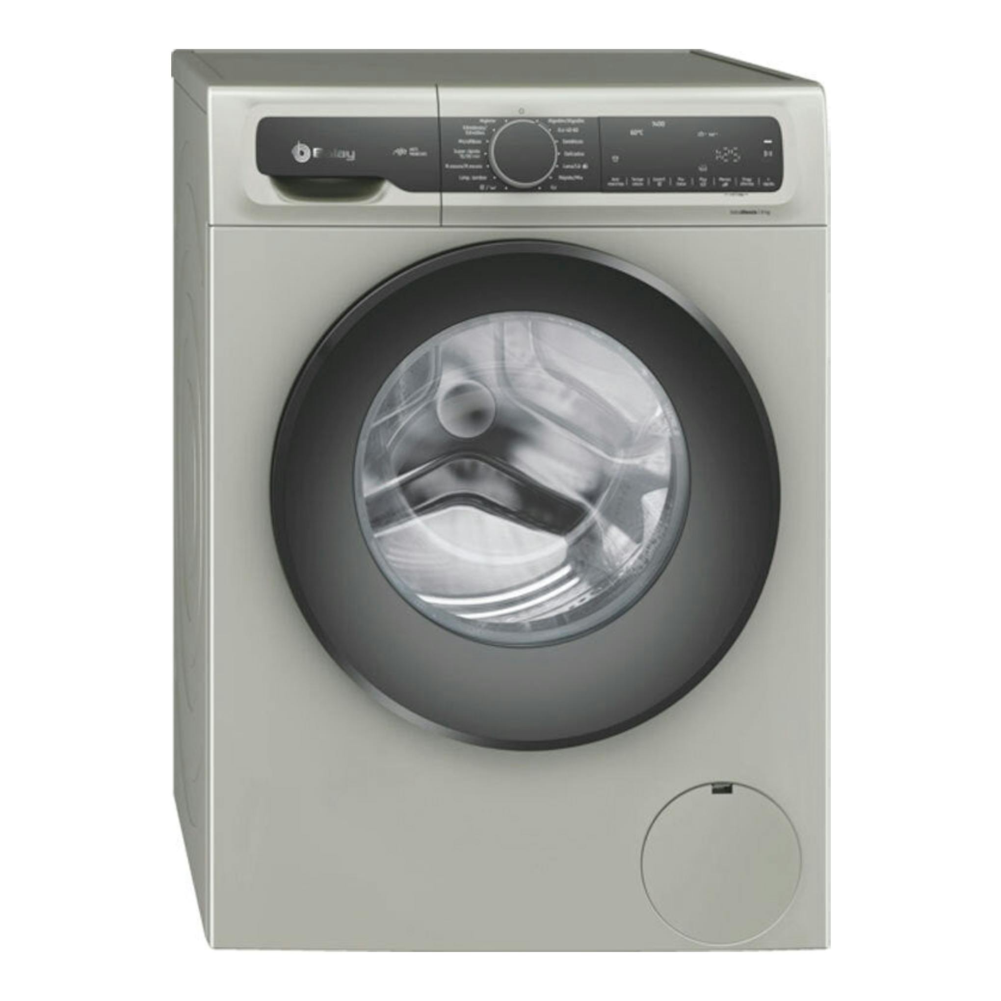 Lavadora Balay 3TS492X gris, vista frontal, con puerta circular negra y panel de control superior.