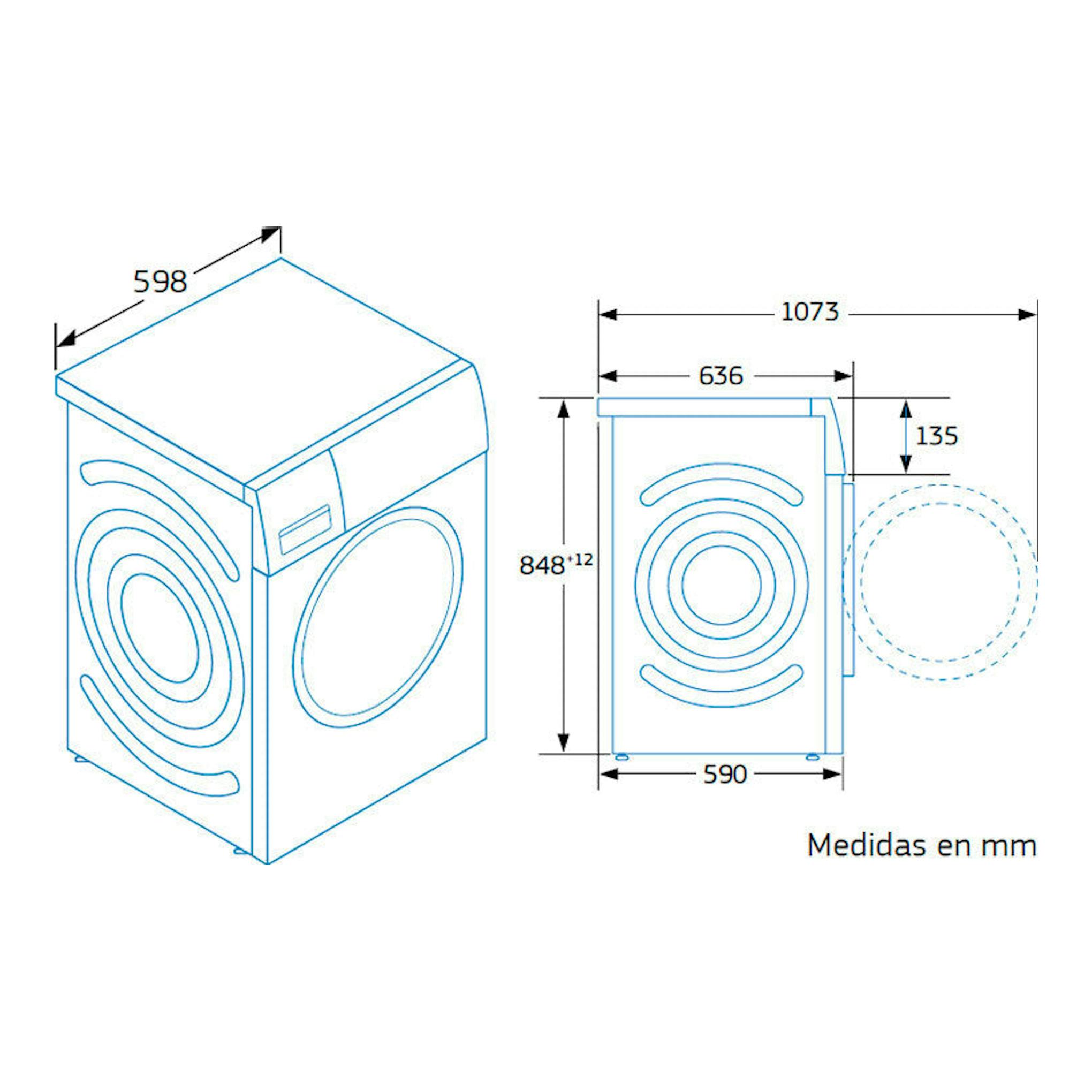 Lavadora Balay 3TS492X, dibujo técnico en vista isométrica y frontal con medidas en mm.