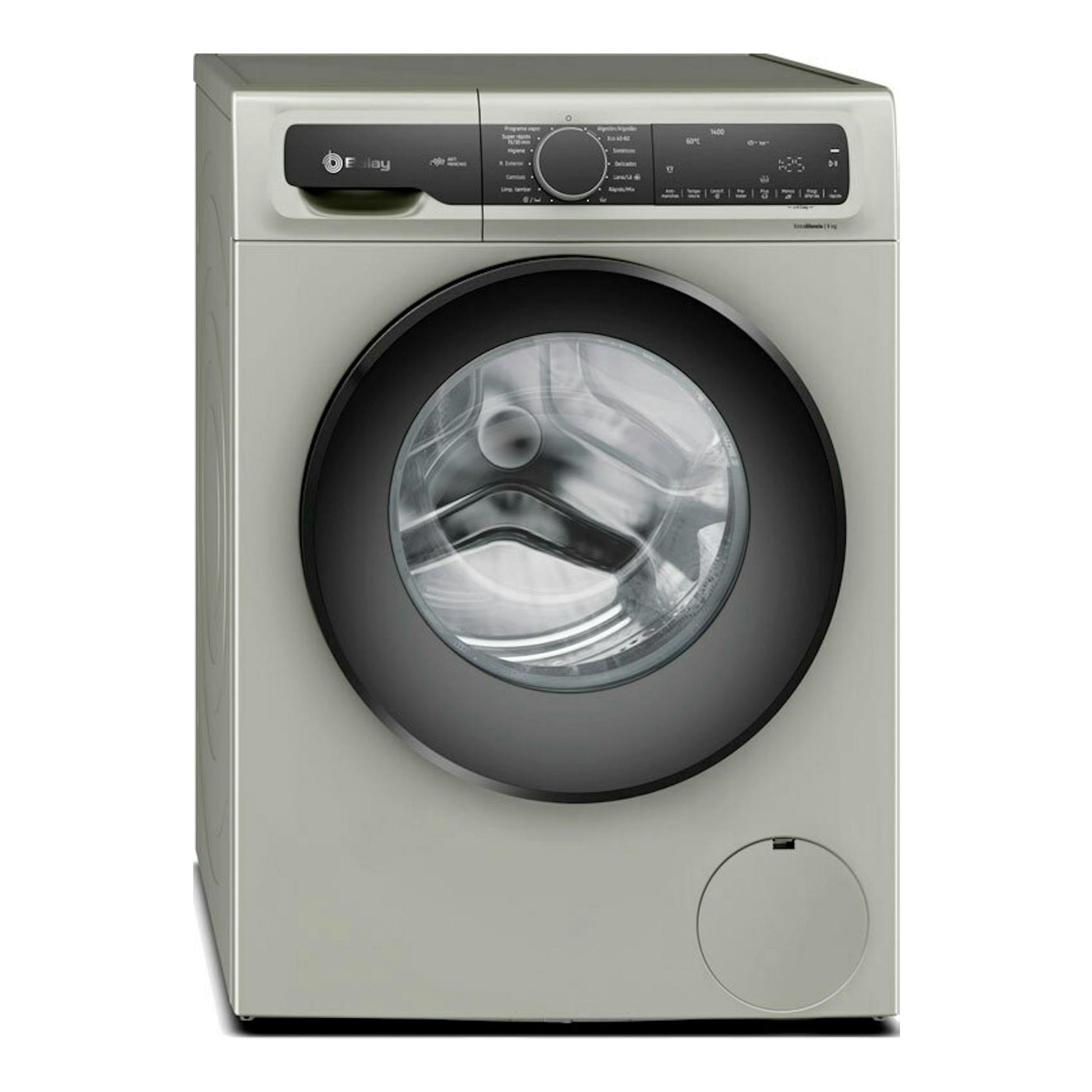 Lavadora Balay 3TS495XS gris claro, vista frontal, carga frontal con puerta negra y panel superior.