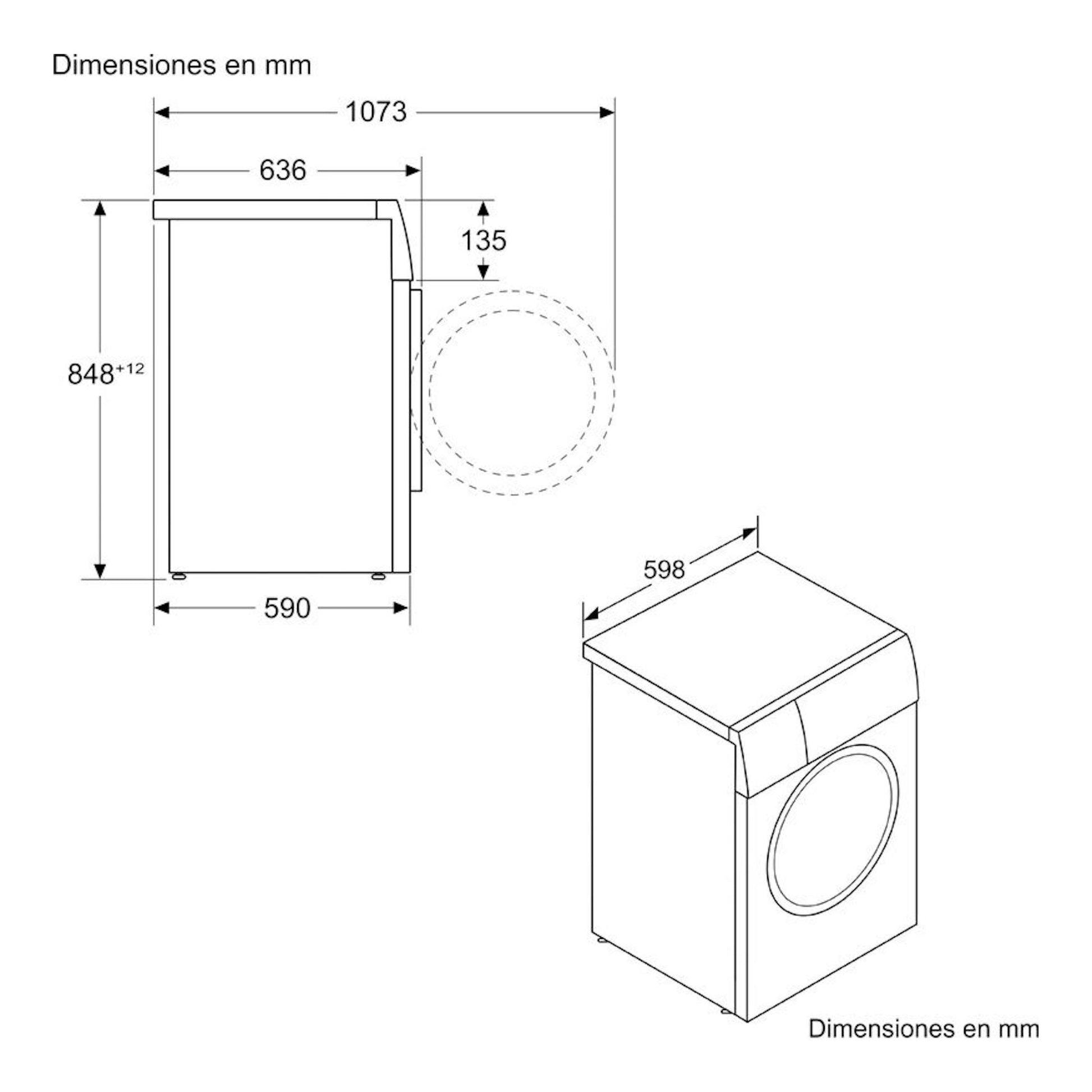 Diagrama de lavadora Balay 3TS495XS, vista lateral e isométrica, con dimensiones en mm.