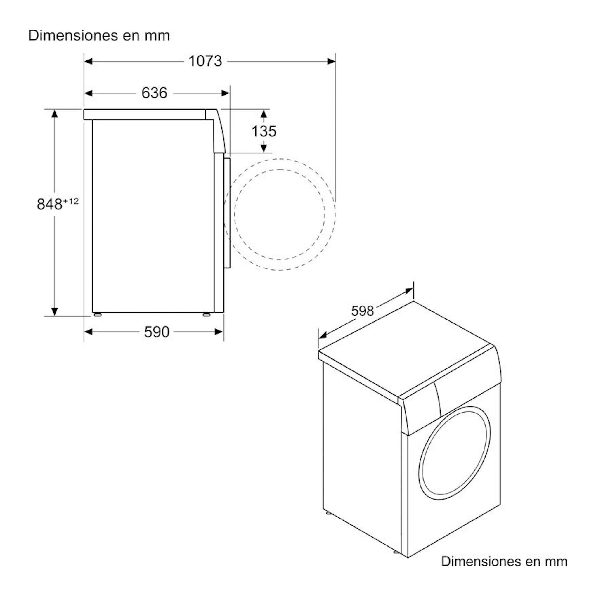 Diagrama de lavadora Balay 3TS495XS, vista lateral e isométrica, con dimensiones en mm.