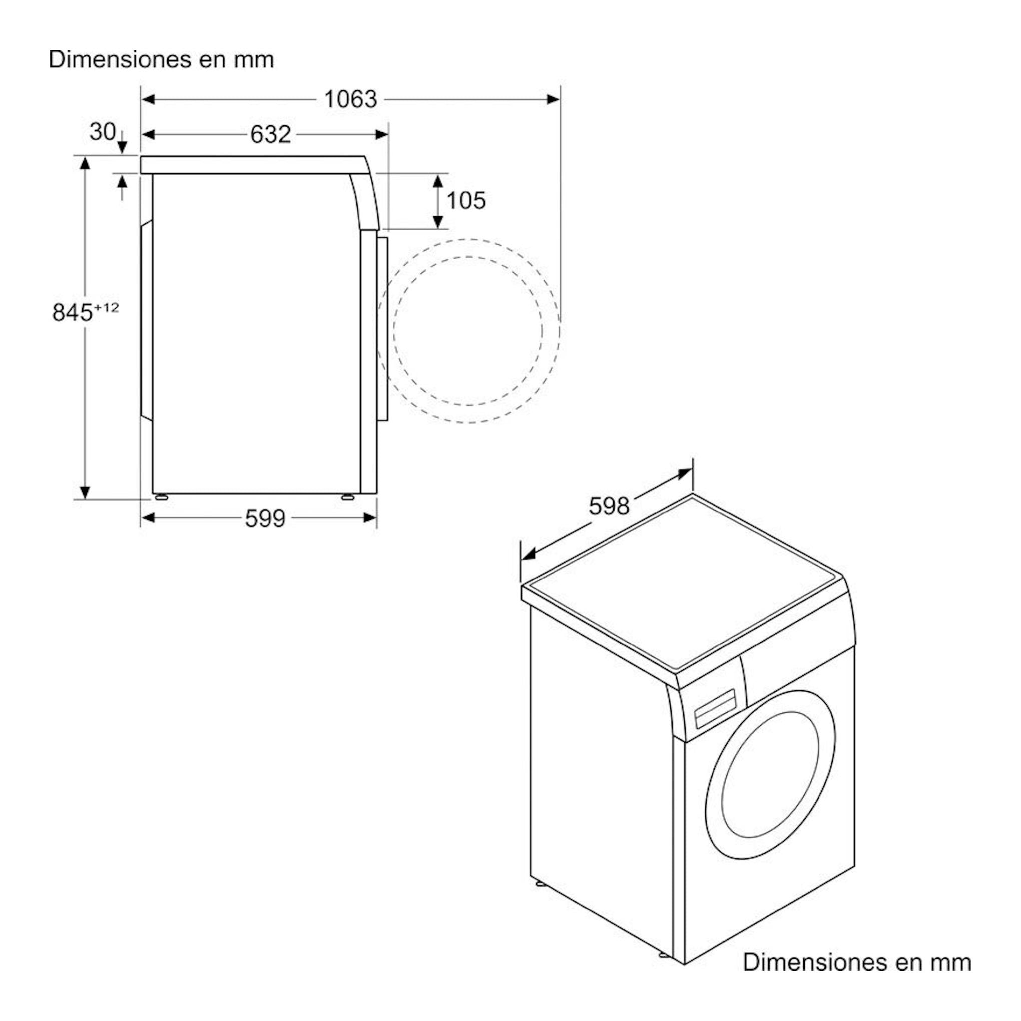 Lavadora Balay 3TS995BP, dibujo técnico en blanco, vista frontal y perspectiva isométrica con medidas en mm.