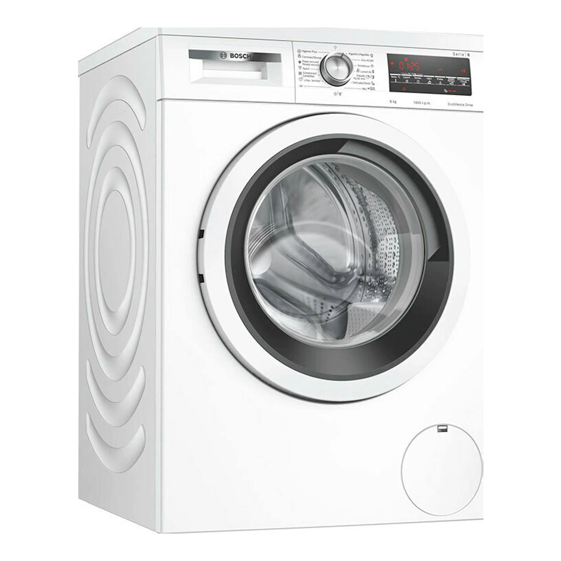 Lavadora Bosch WUU28T63ES blanca, vista frontal en ángulo, con puerta circular negra y panel digital.