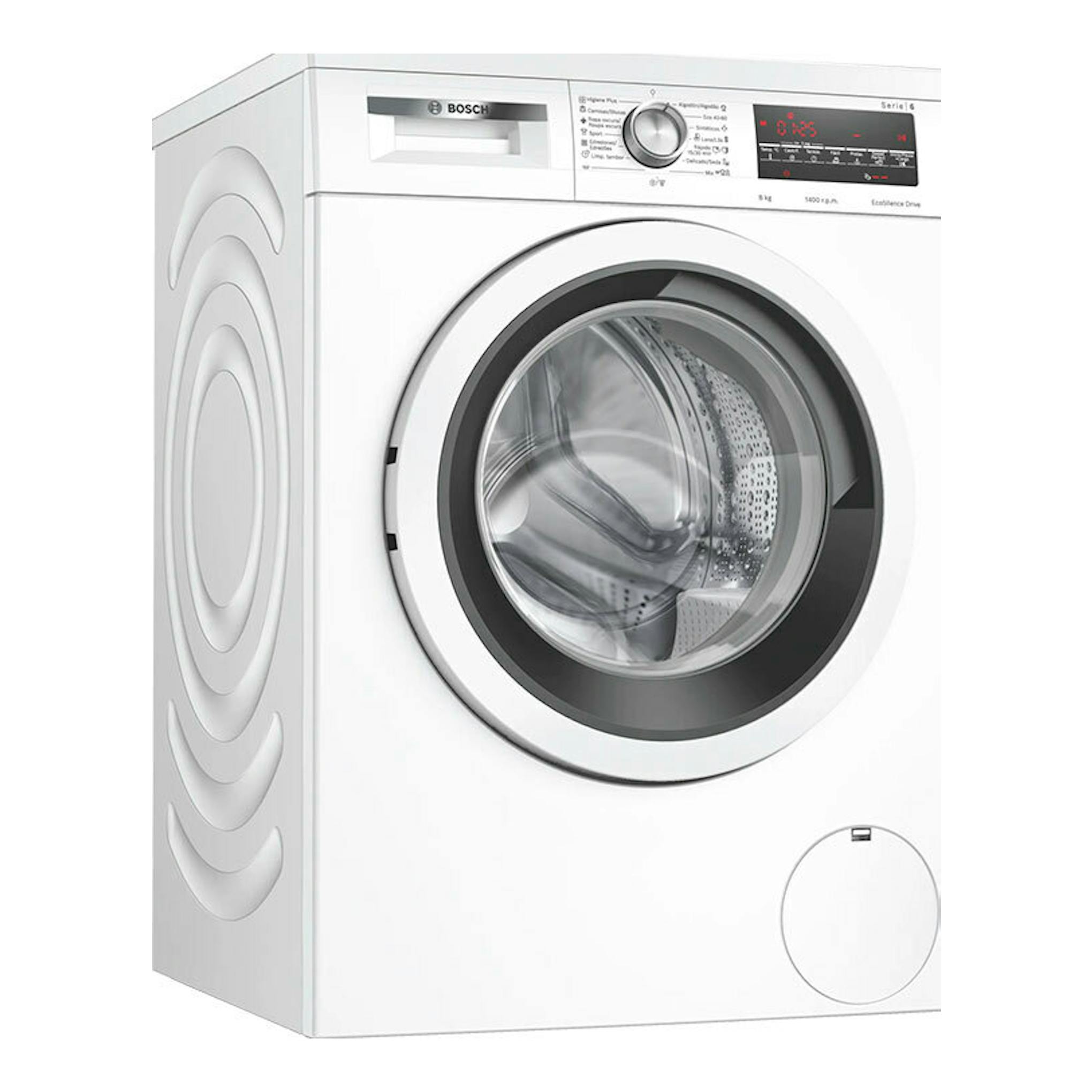Lavadora Bosch WUU28T63ES blanca, vista frontal en ángulo, con puerta circular negra y panel digital.