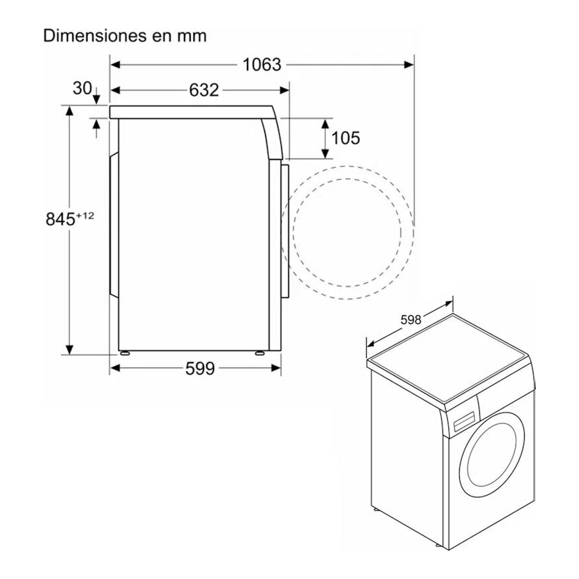 Bosch WUU28T63ES: esquema técnico en blanco y negro de lavadora frontal con vistas lateral e isométrica y medidas.