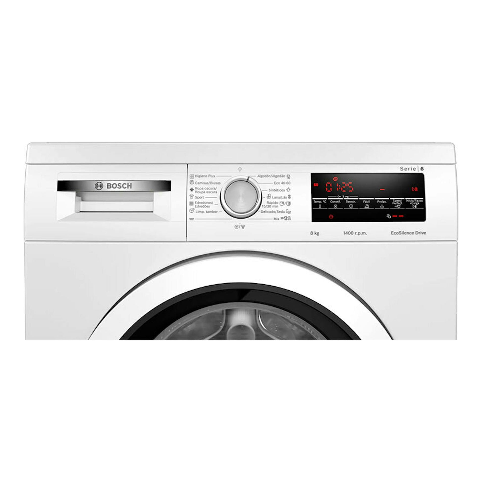 Lavadora Bosch WUU28T63ES blanca, vista frontal, con puerta negra y panel digital superior.