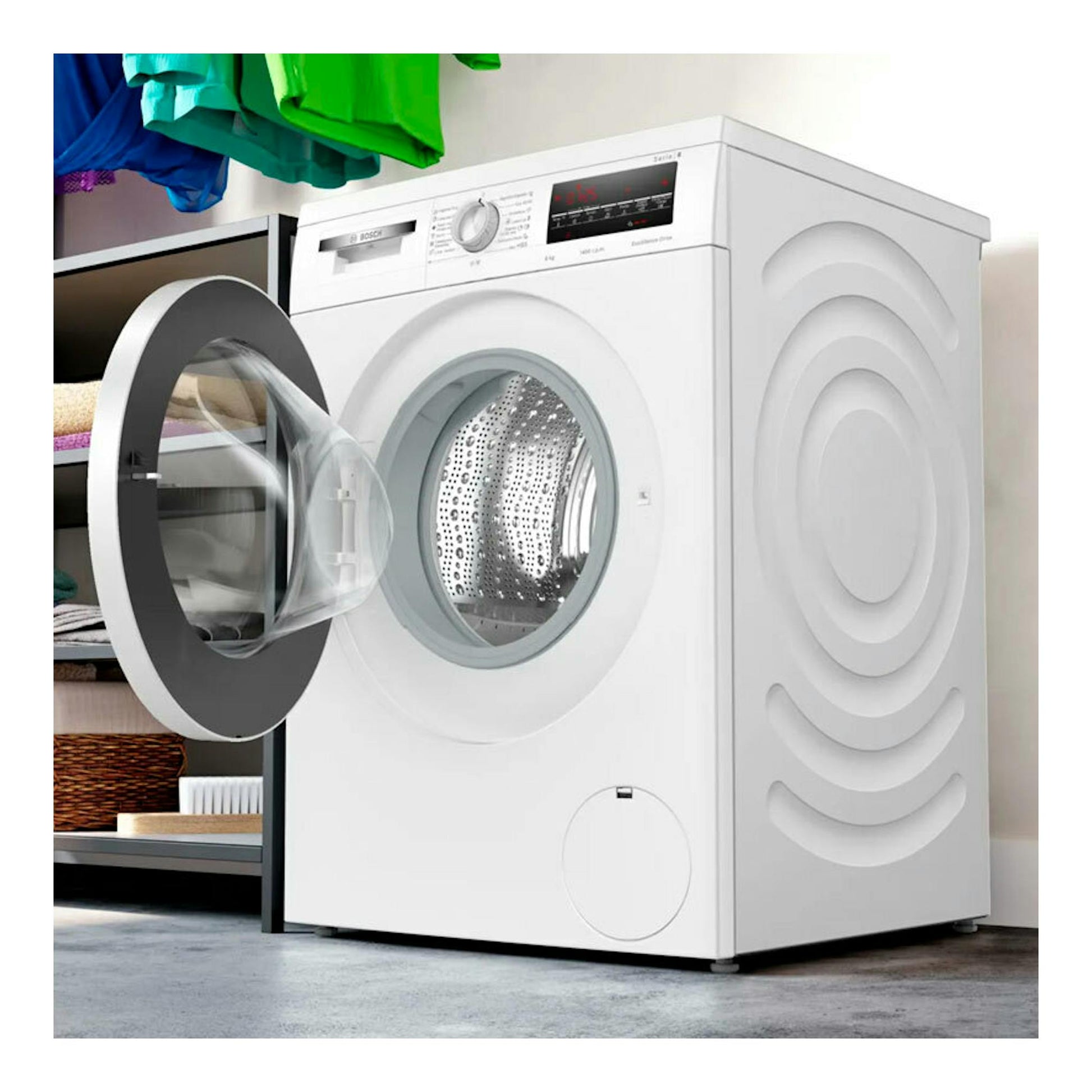 Lavadora Bosch WUU28T63ES blanca, vista frontal en ángulo, con puerta de carga frontal abierta.