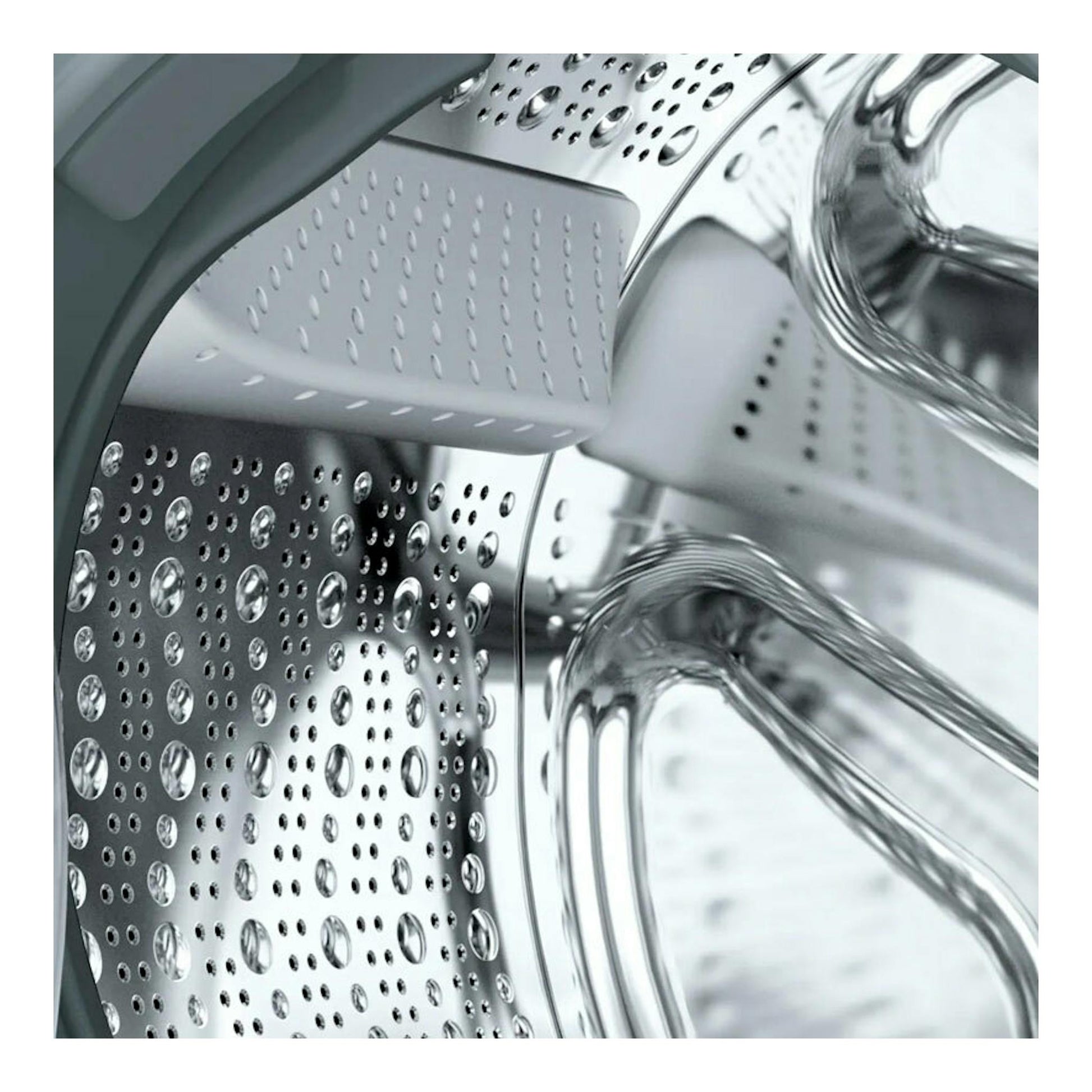Bosch WUU28T63ES: interior del tambor de lavadora de acero inoxidable, vista en primer plano.