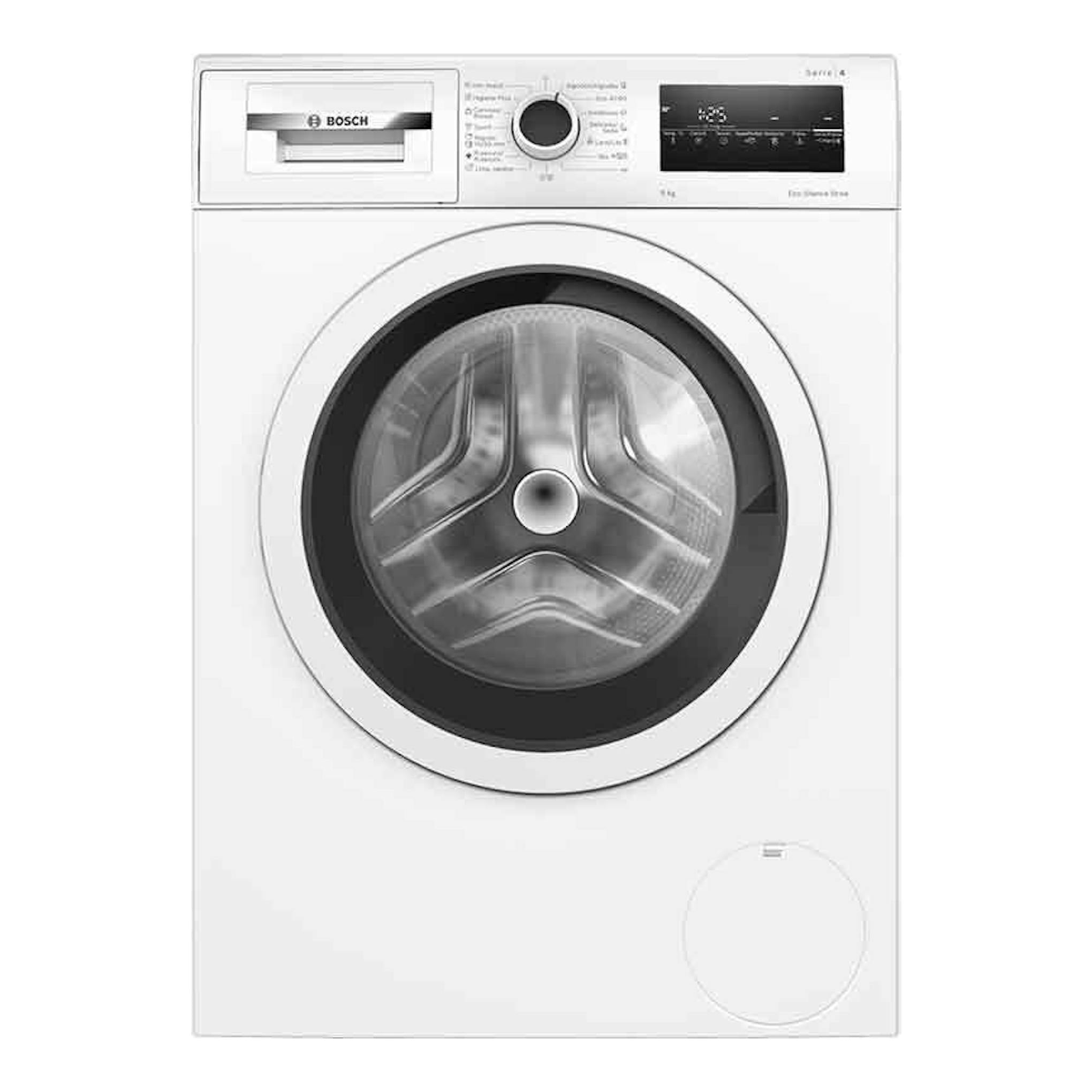 Lavadora Bosch WAN24272ES blanca, vista frontal, con puerta circular negra y panel digital superior.
