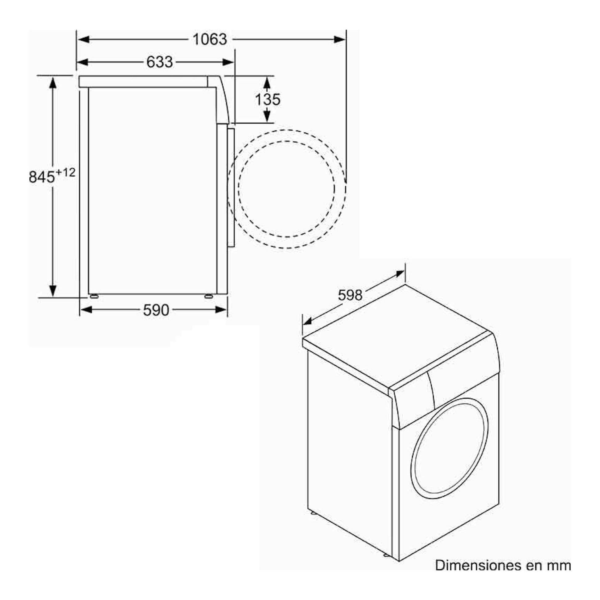 Bosch WAN24272ES, lavadora frontal blanca, vista lateral e isométrica con medidas en mm.