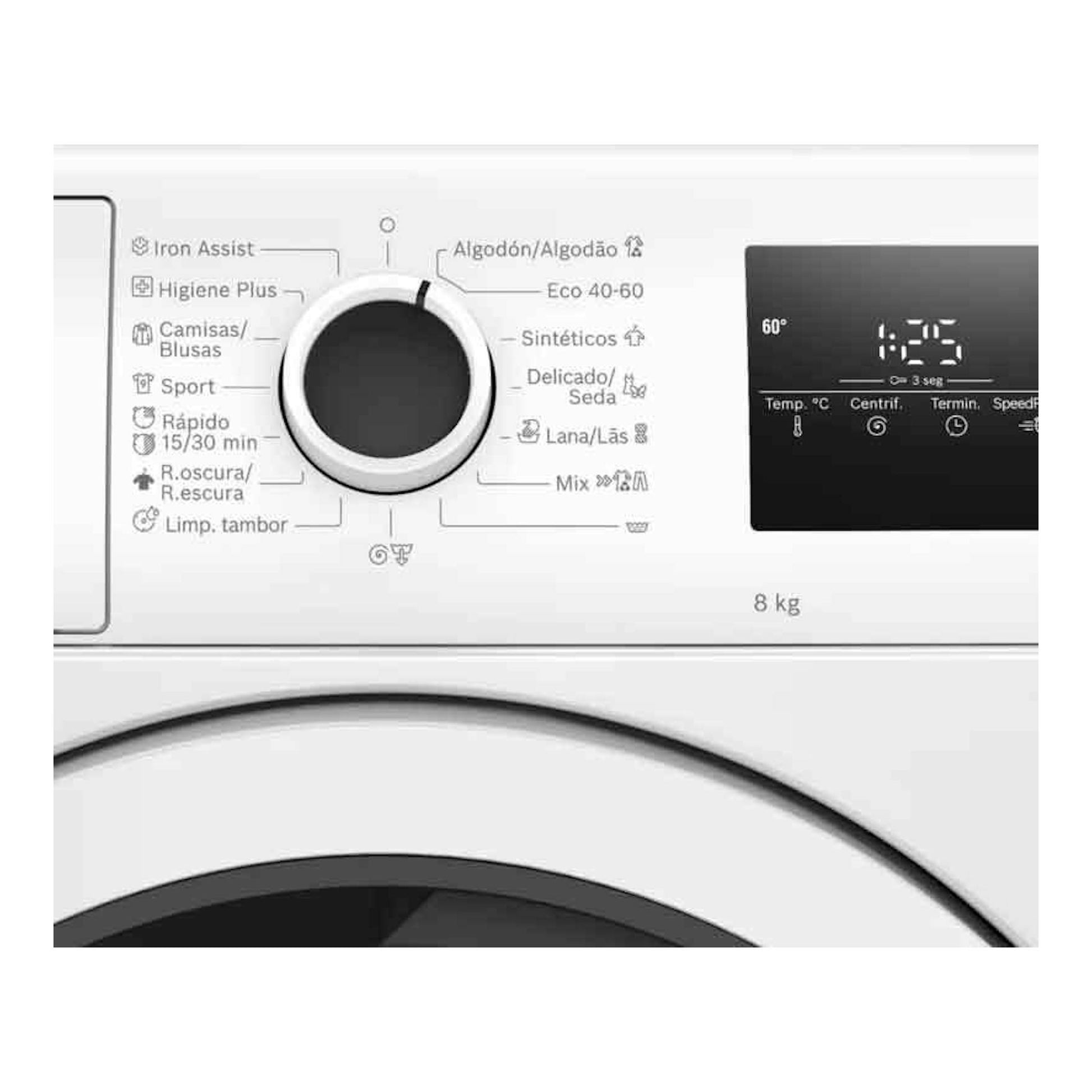 Lavadora Bosch WAN24272ES blanca, vista frontal del panel con selector y pantalla digital.