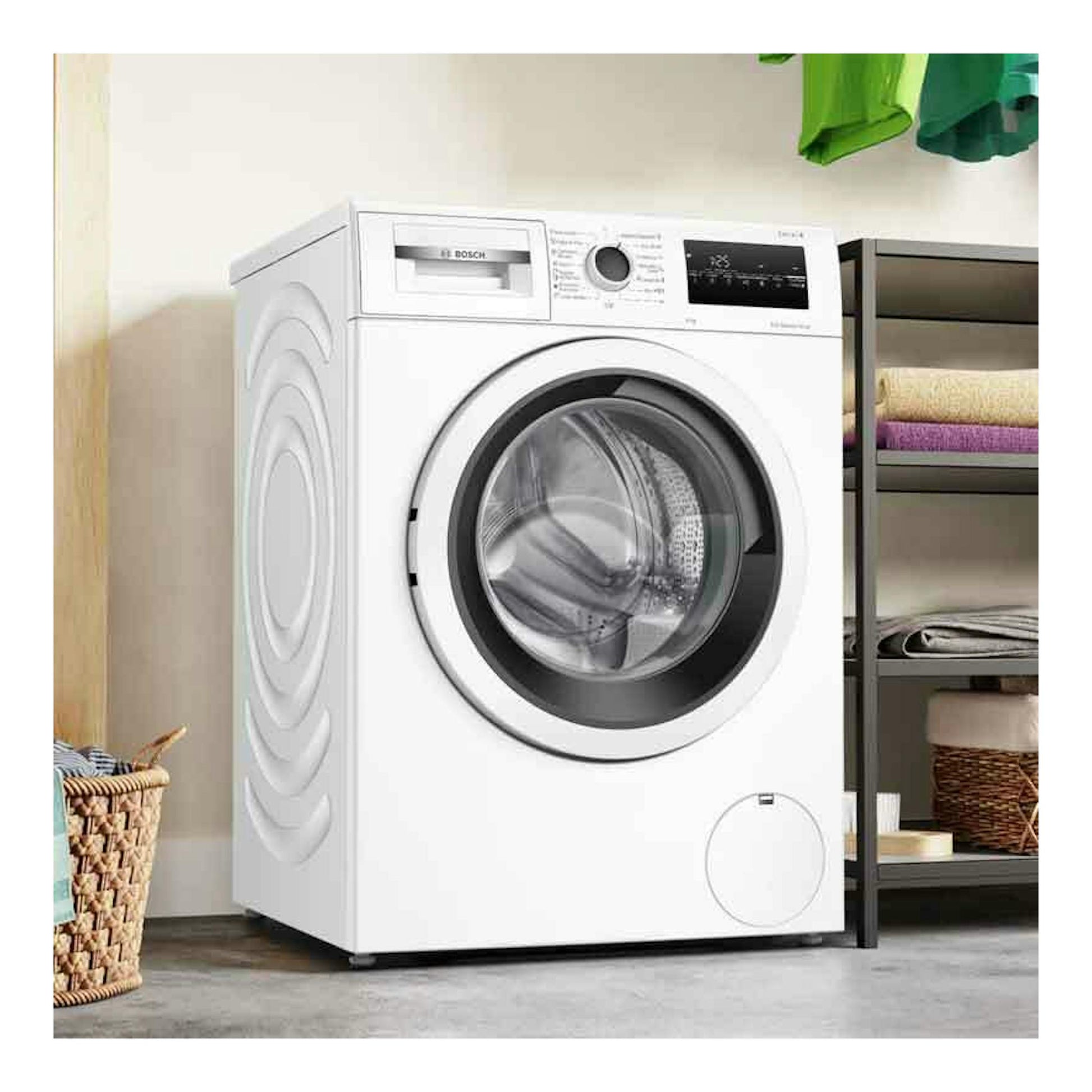 Lavadora Bosch WAN24272ES blanca, vista frontal en ángulo, con puerta circular y panel digital superior.