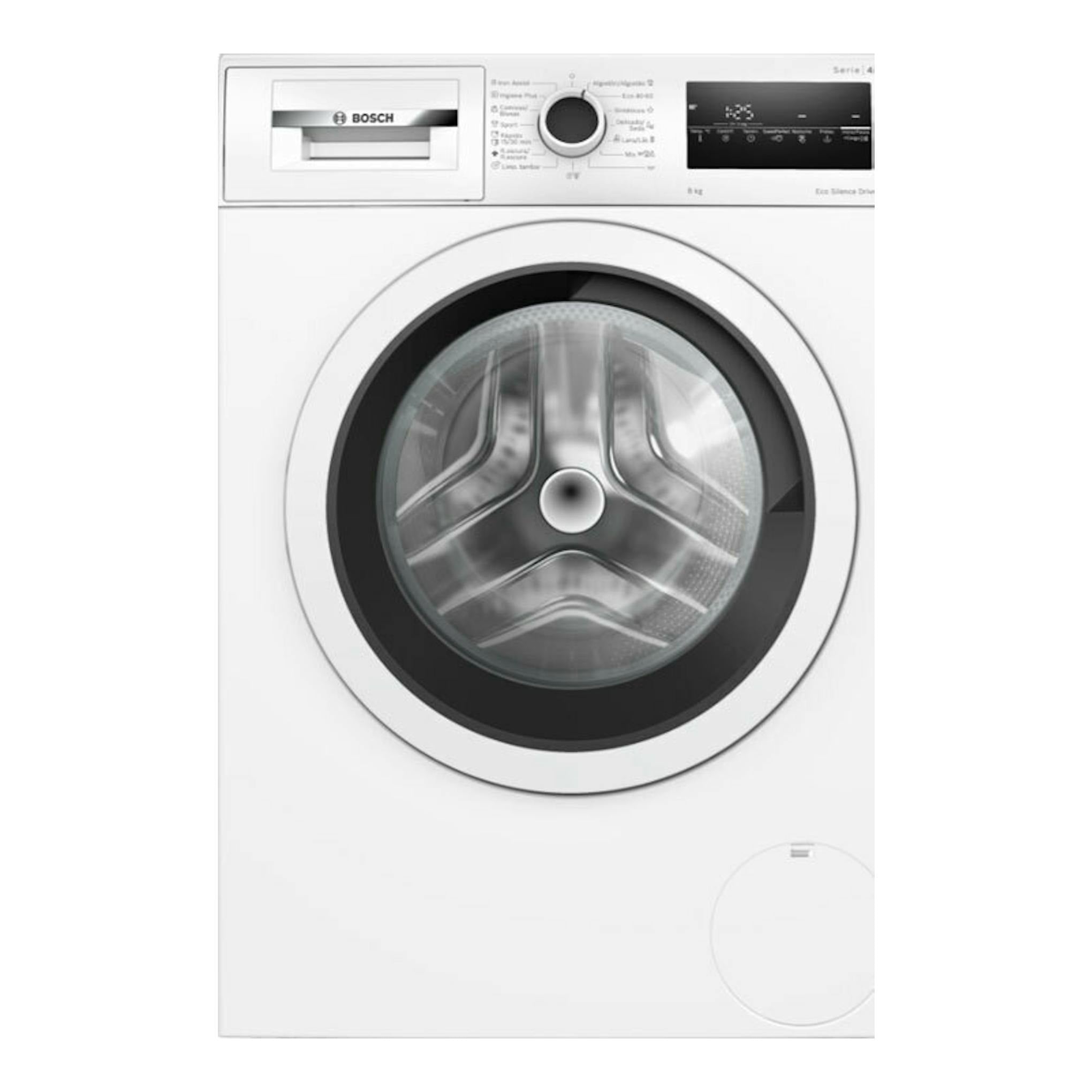 Lavadora Bosch WAN28200ES blanca, vista frontal, con puerta de carga frontal negra y panel superior.