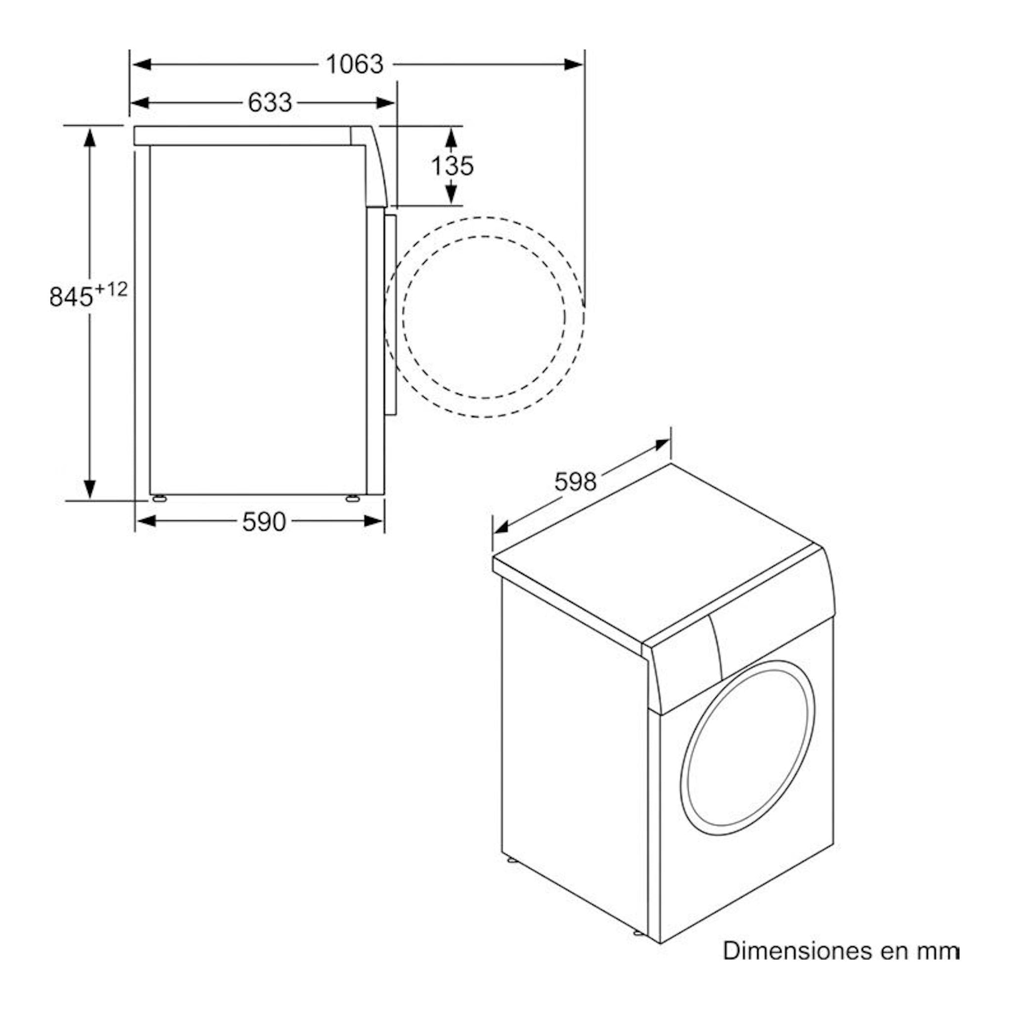 Lavadora Bosch WAN28200ES en vista lateral e isométrica, con medidas en mm y puerta frontal.