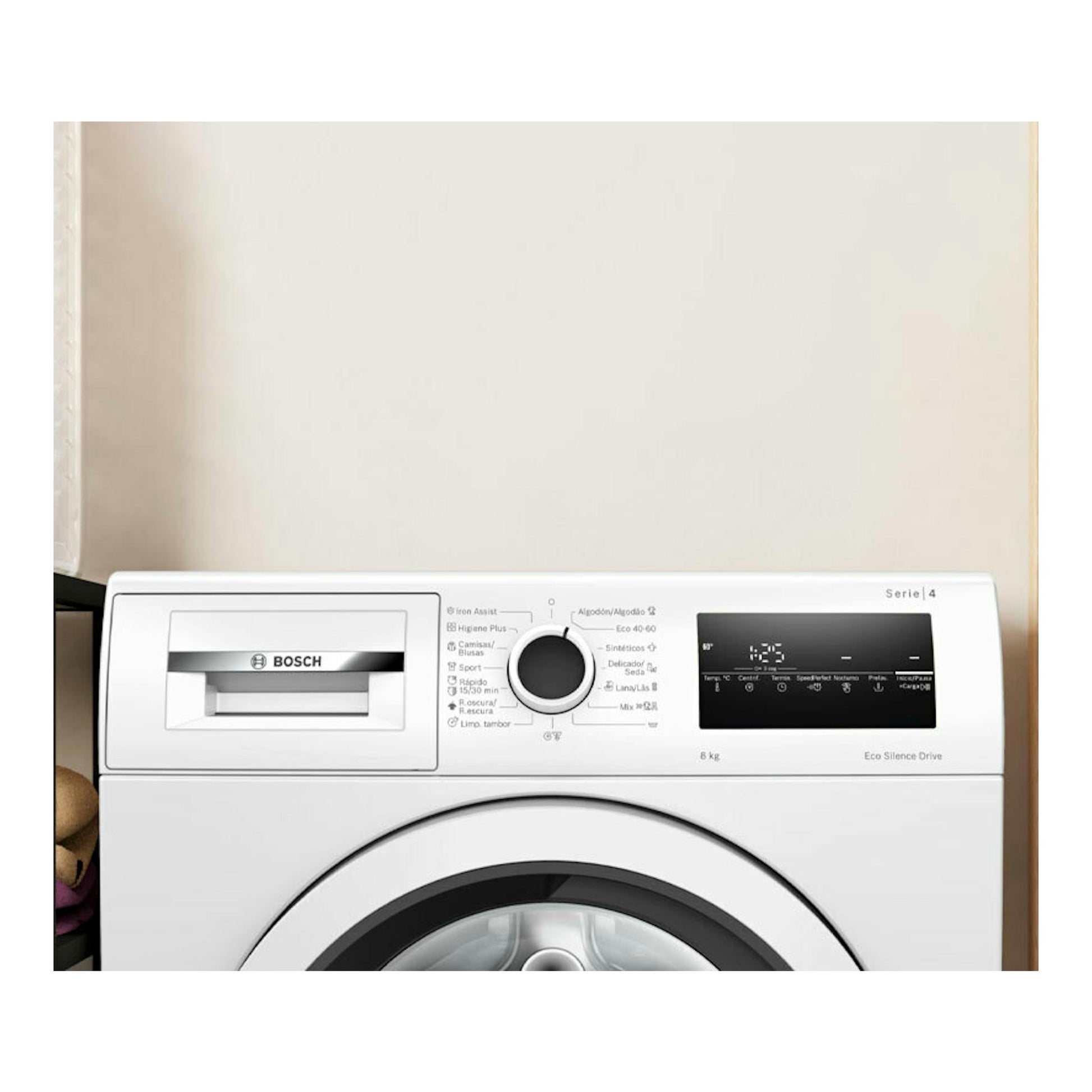 Lavadora Bosch WAN28200ES blanca, vista frontal, con puerta circular y panel digital en la parte superior.