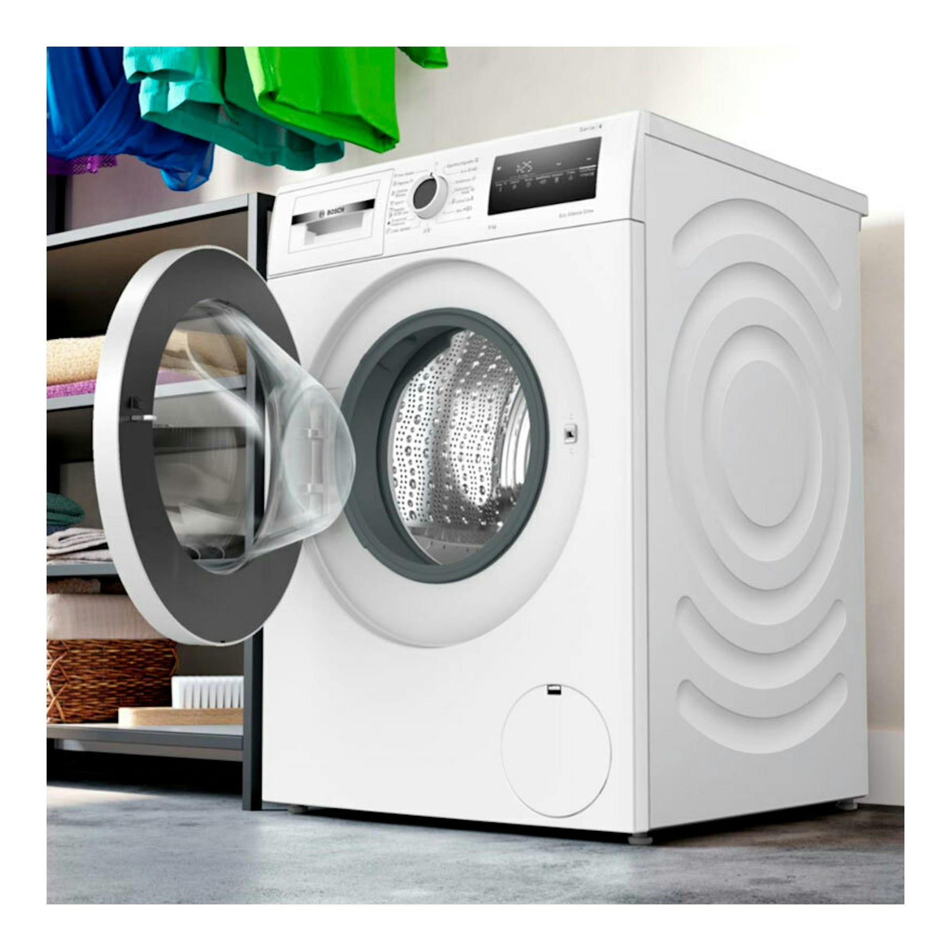 Lavadora Bosch WAN28200ES blanca, vista frontal en ángulo con puerta abierta y panel digital.