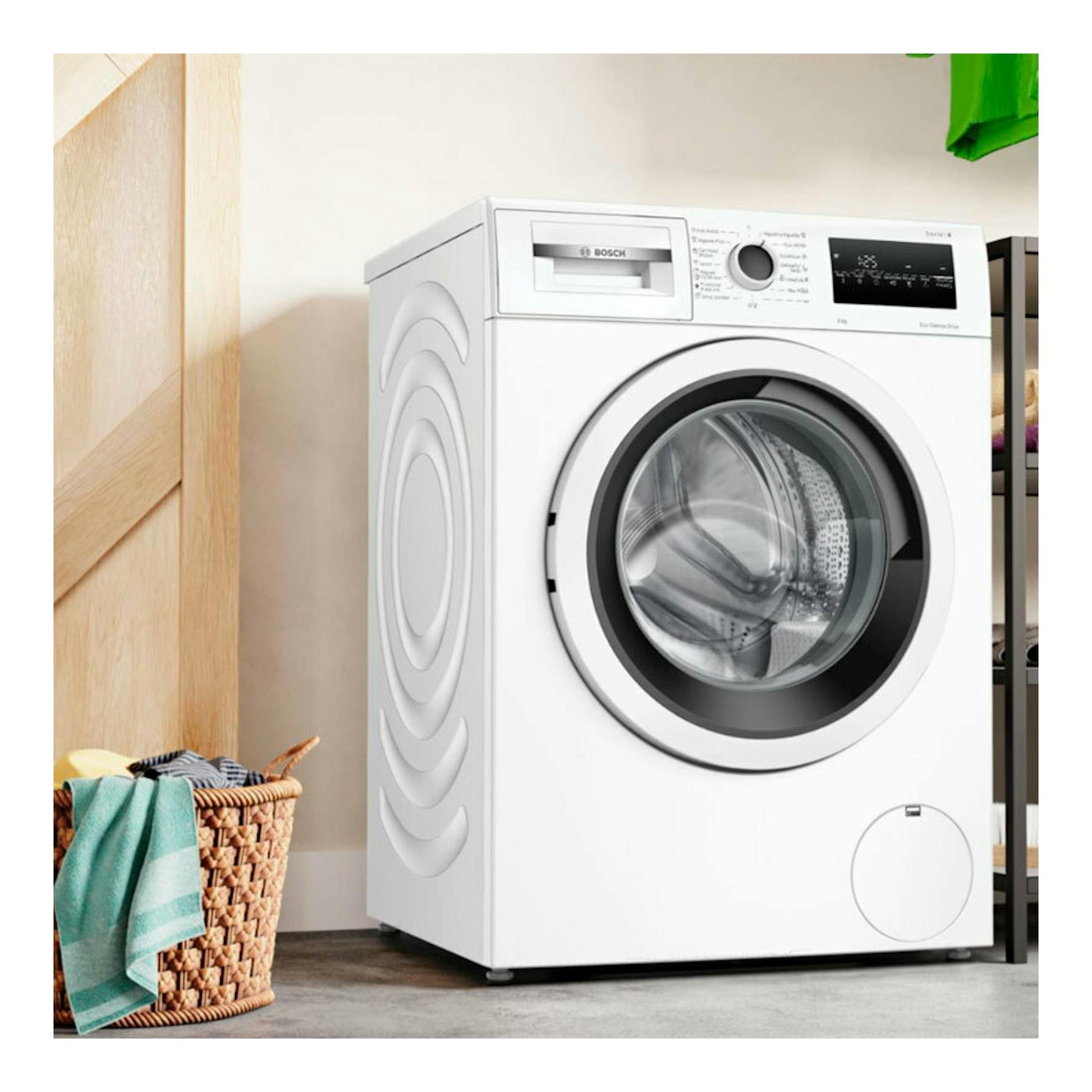 Lavadora Bosch WAN28200ES blanca, vista frontal en tres cuartos, con puerta circular y panel digital.