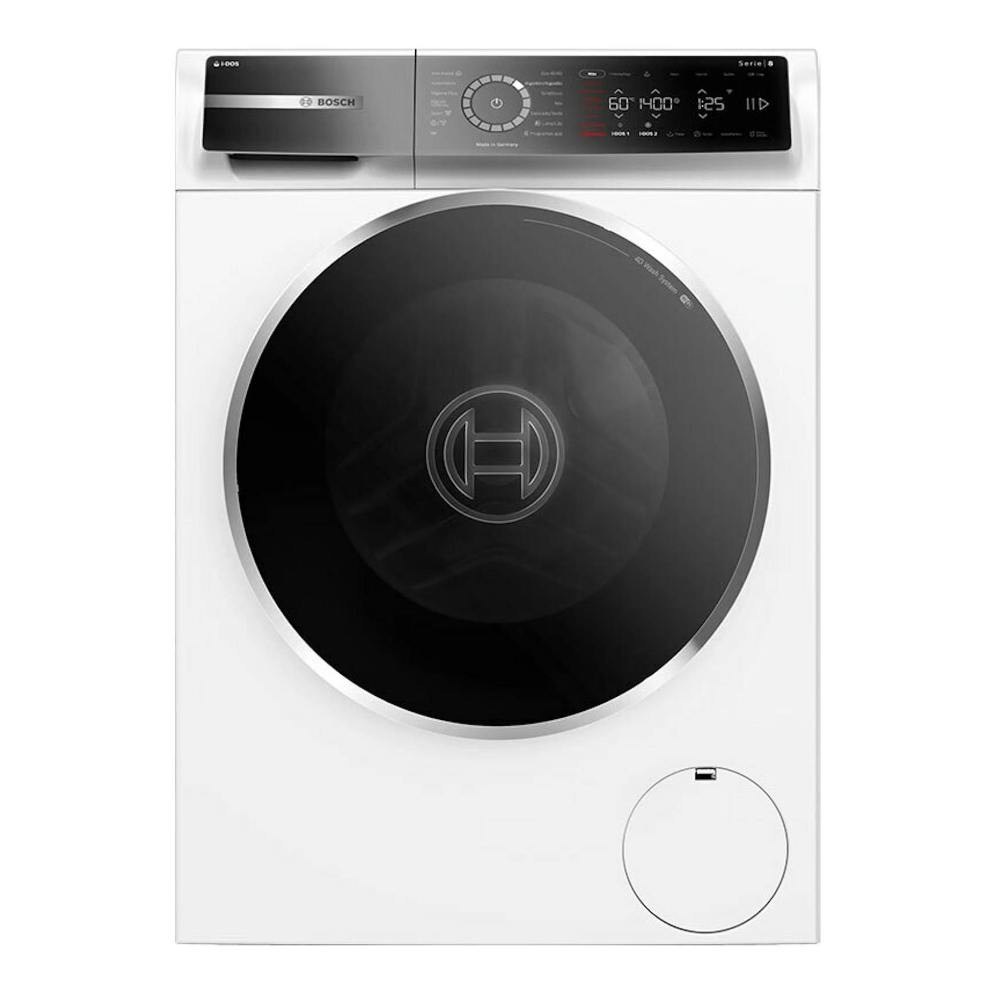 Lavadora Bosch Serie 8 WGB25400ES blanca, vista frontal, con puerta negra circular y panel digital superior.