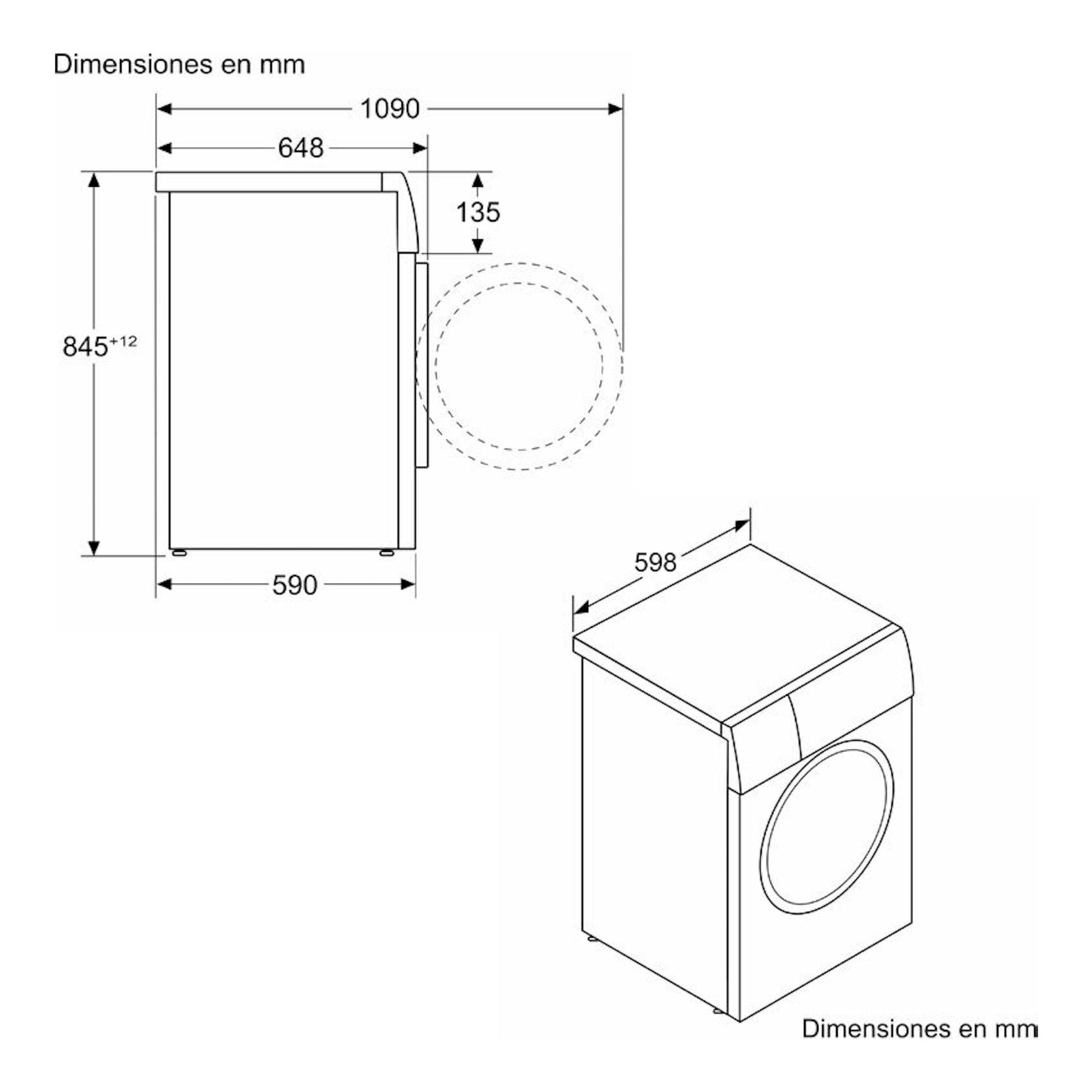 Bosch WGB25400ES 10 kg, esquema técnico en blanco y negro con vista lateral y perspectiva, dimensiones en mm.