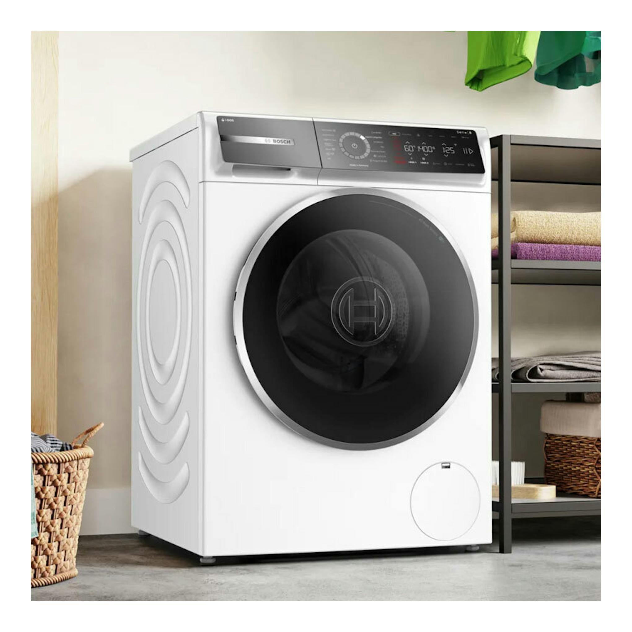 Lavadora Bosch WGB25400ES blanca, carga frontal, vista frontal con puerta negra y panel digital superior.