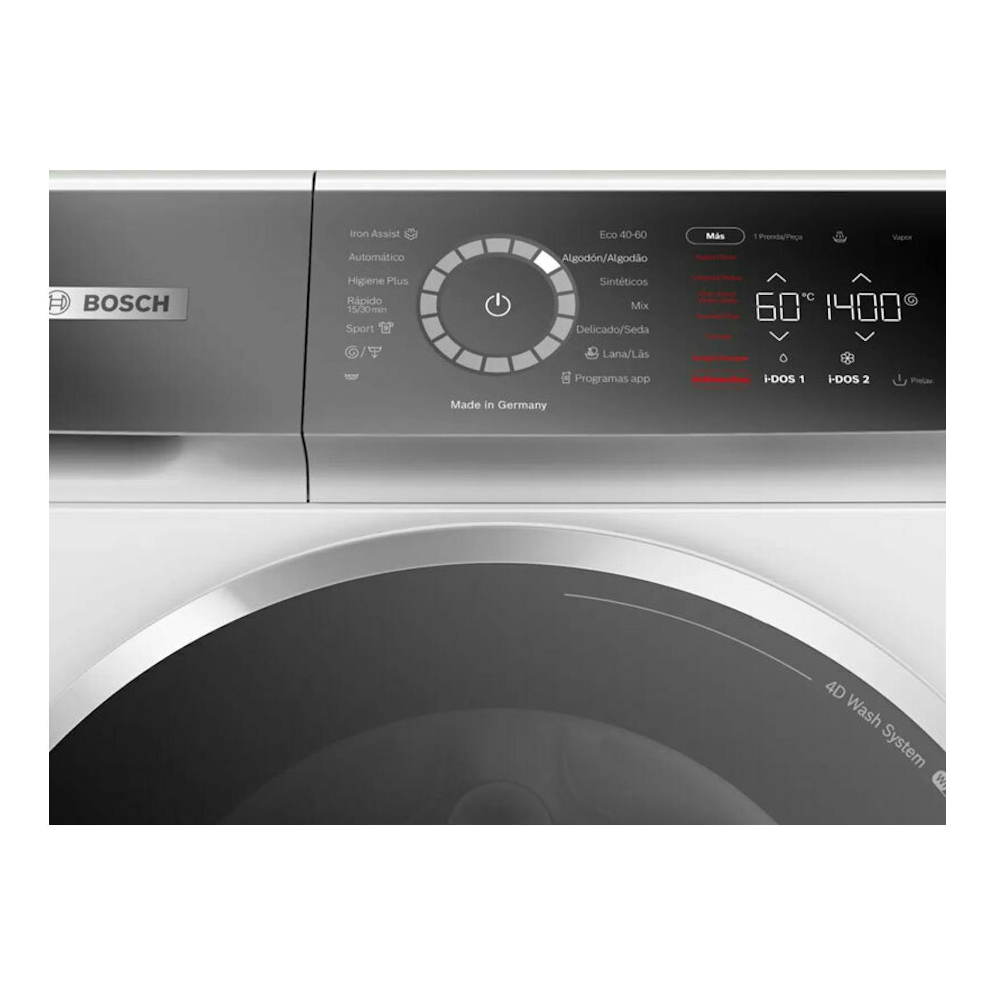Lavadora Bosch WGB25400ES blanca, vista frontal parcial con panel negro y puerta redonda.