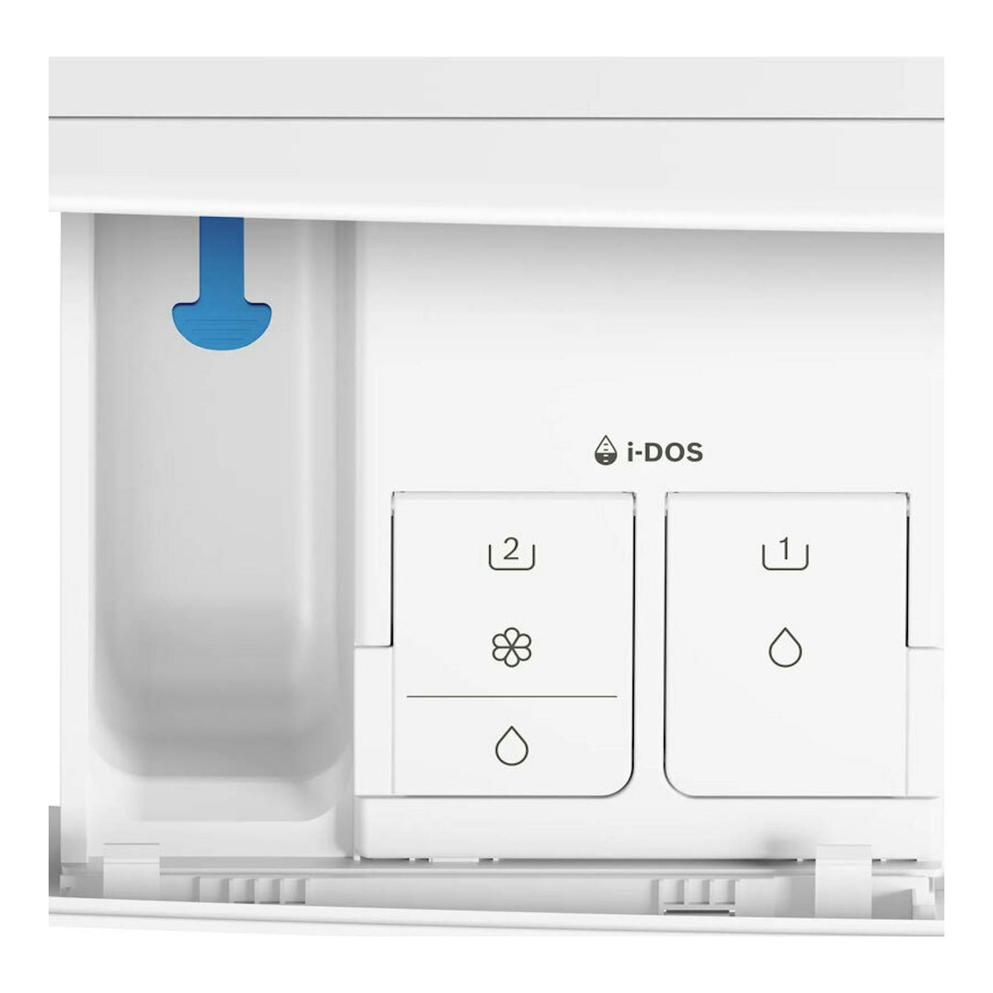 Lavadora Bosch WGB25400ES blanca, primer plano del cajón i-DOS con compartimentos 1 y 2.