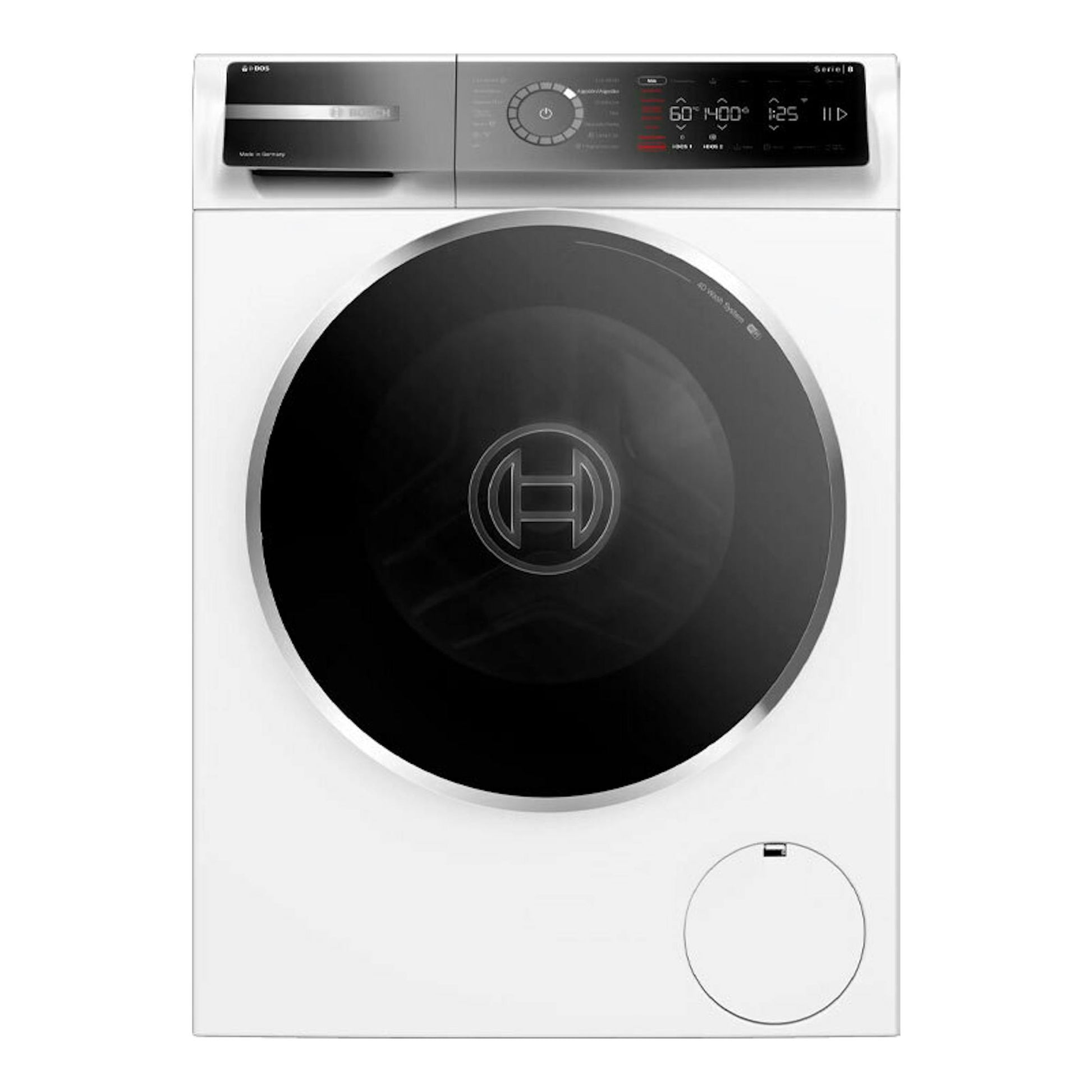 Lavadora Bosch WGB254A1ES blanca, vista frontal, con puerta negra circular y panel de control superior.