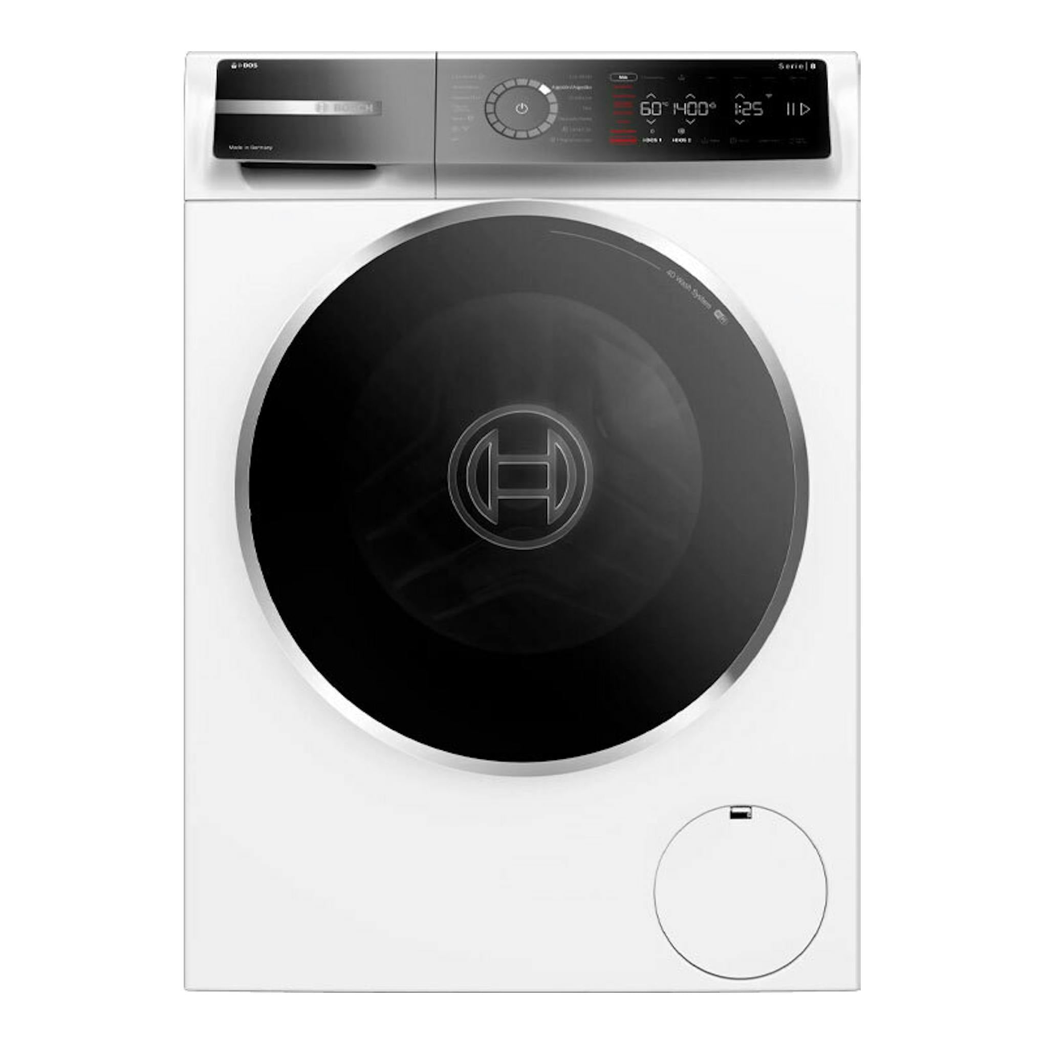 Lavadora Bosch WGB254A1ES blanca, vista frontal, con puerta negra circular y panel de control superior.