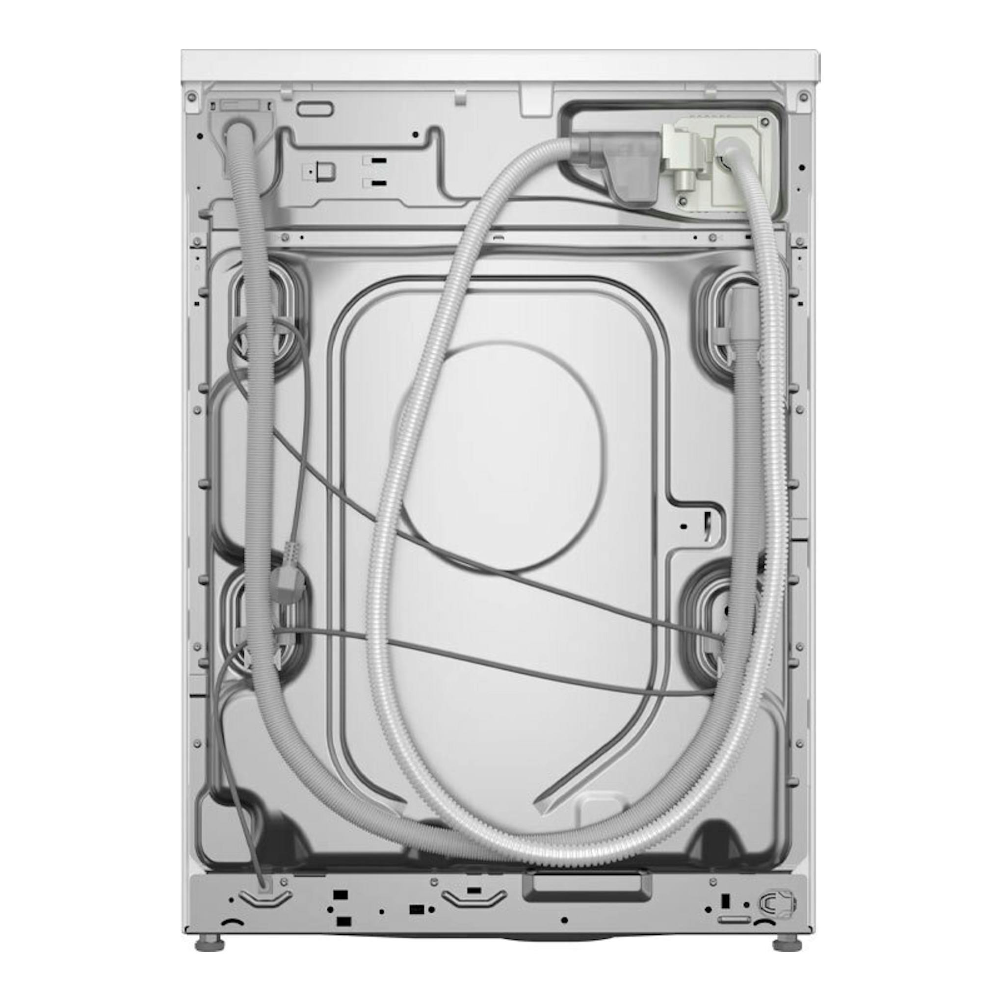Lavadora Bosch WGB254A1ES blanca, vista trasera, con mangueras y cableados visibles.