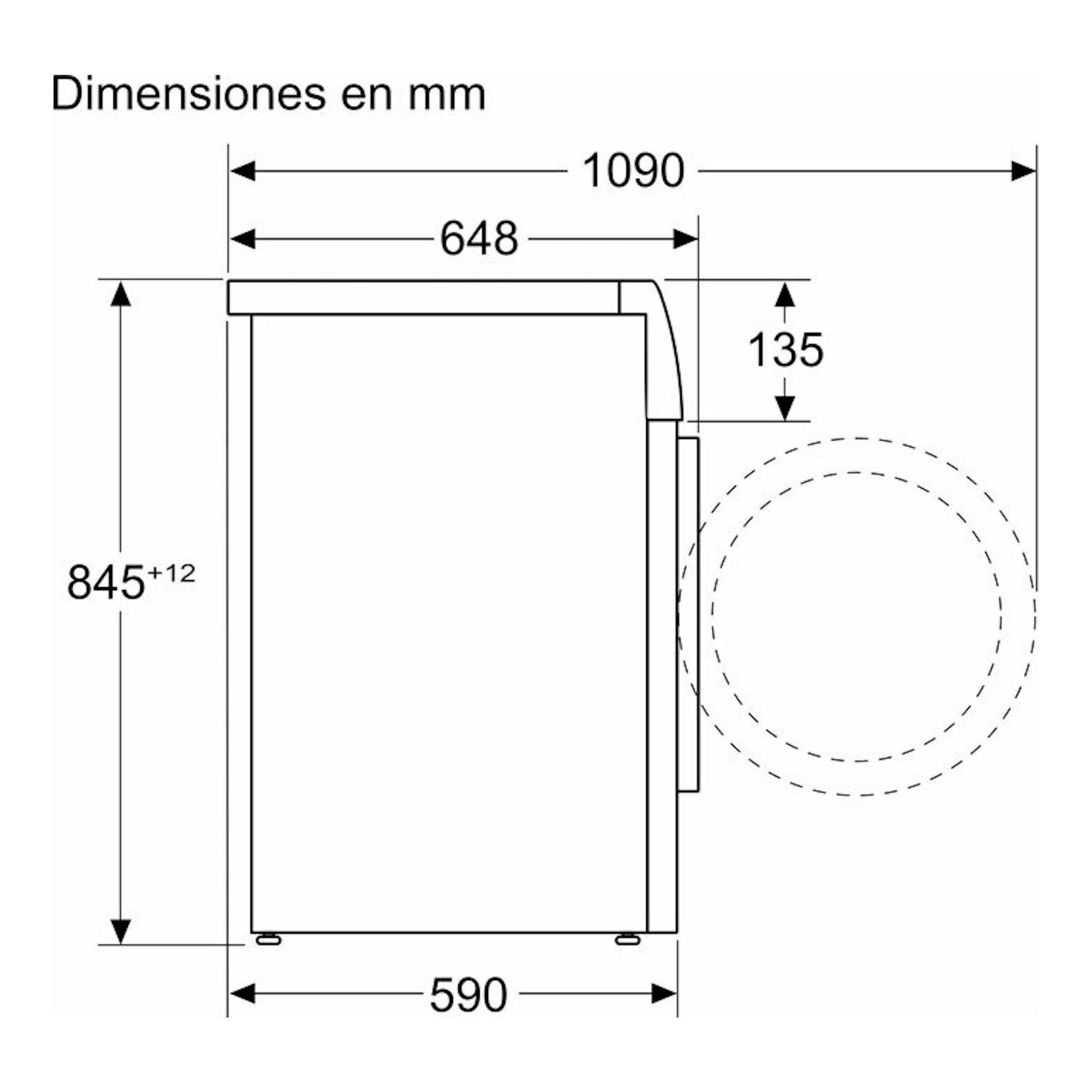 Bosch WGB254A1ES, esquema lateral de lavadora blanca con dimensiones en mm y puerta abierta.