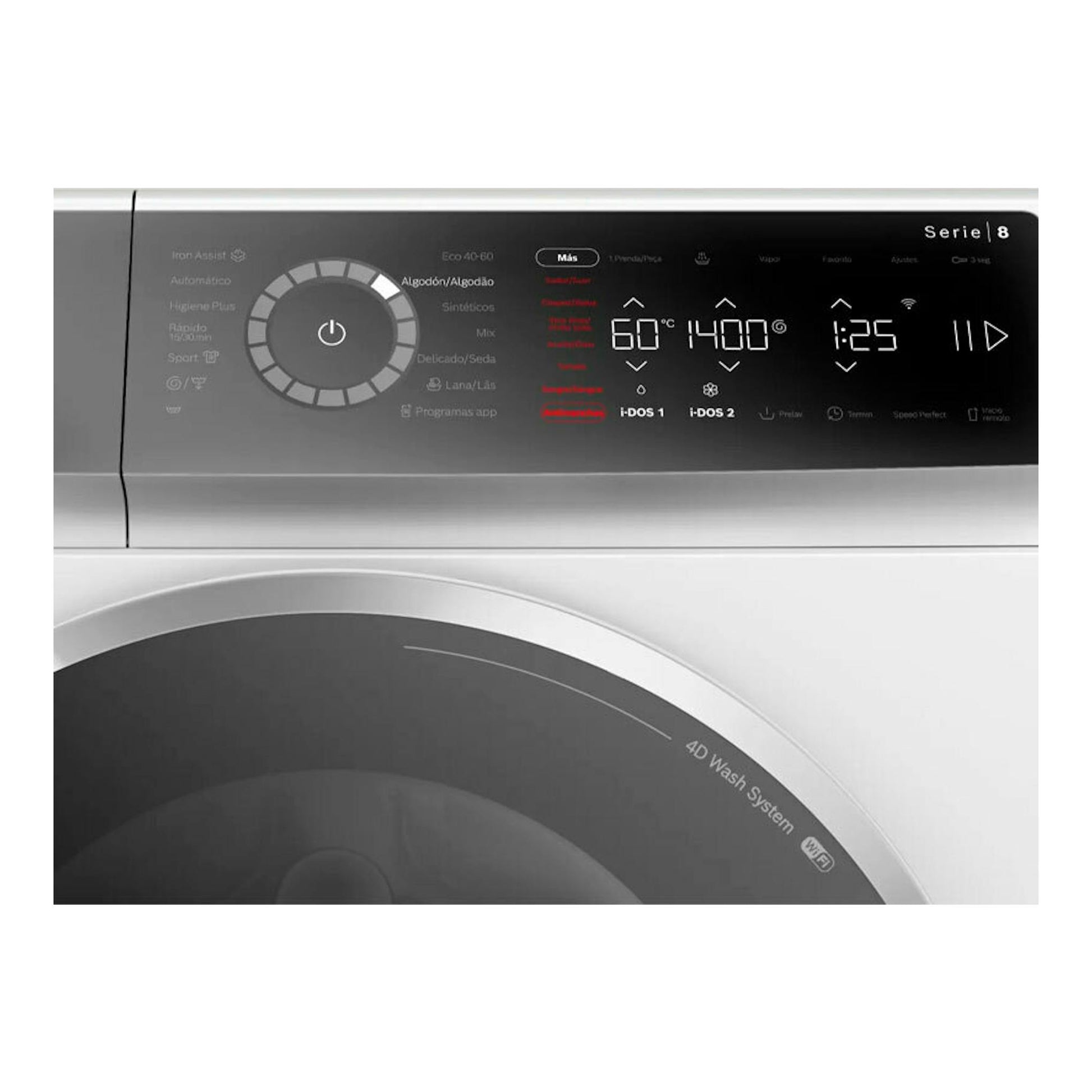 Lavadora Bosch Serie 8 WGB254A1ES blanca, vista frontal parcial con panel negro y puerta circular.